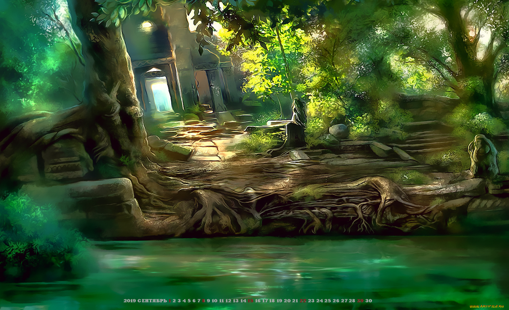 календари, фэнтези, 2019, calendar, растение, деревья, природа, здание, водоем