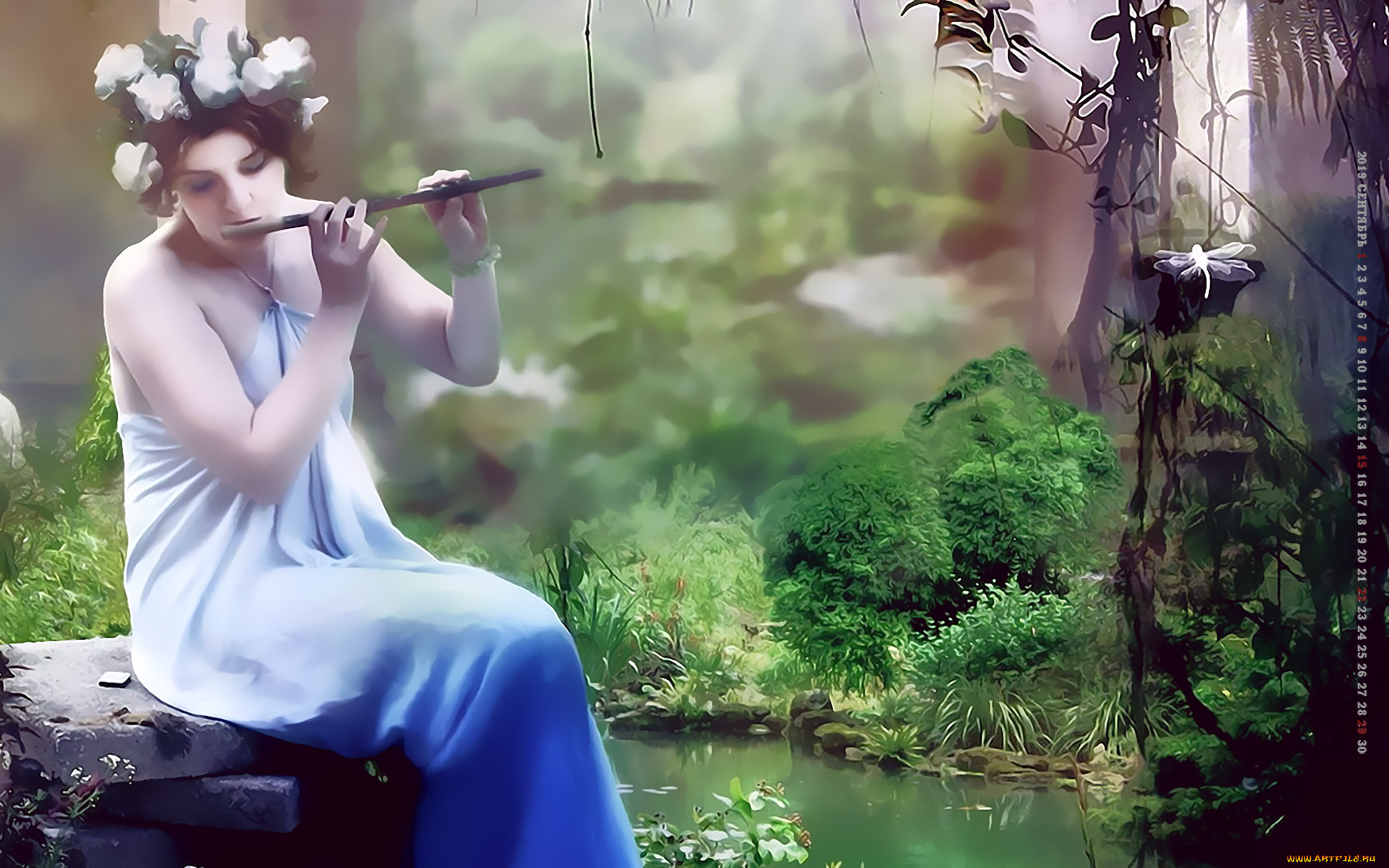 календари, фэнтези, 2019, calendar, растение, природа, венок, флейта, девушка