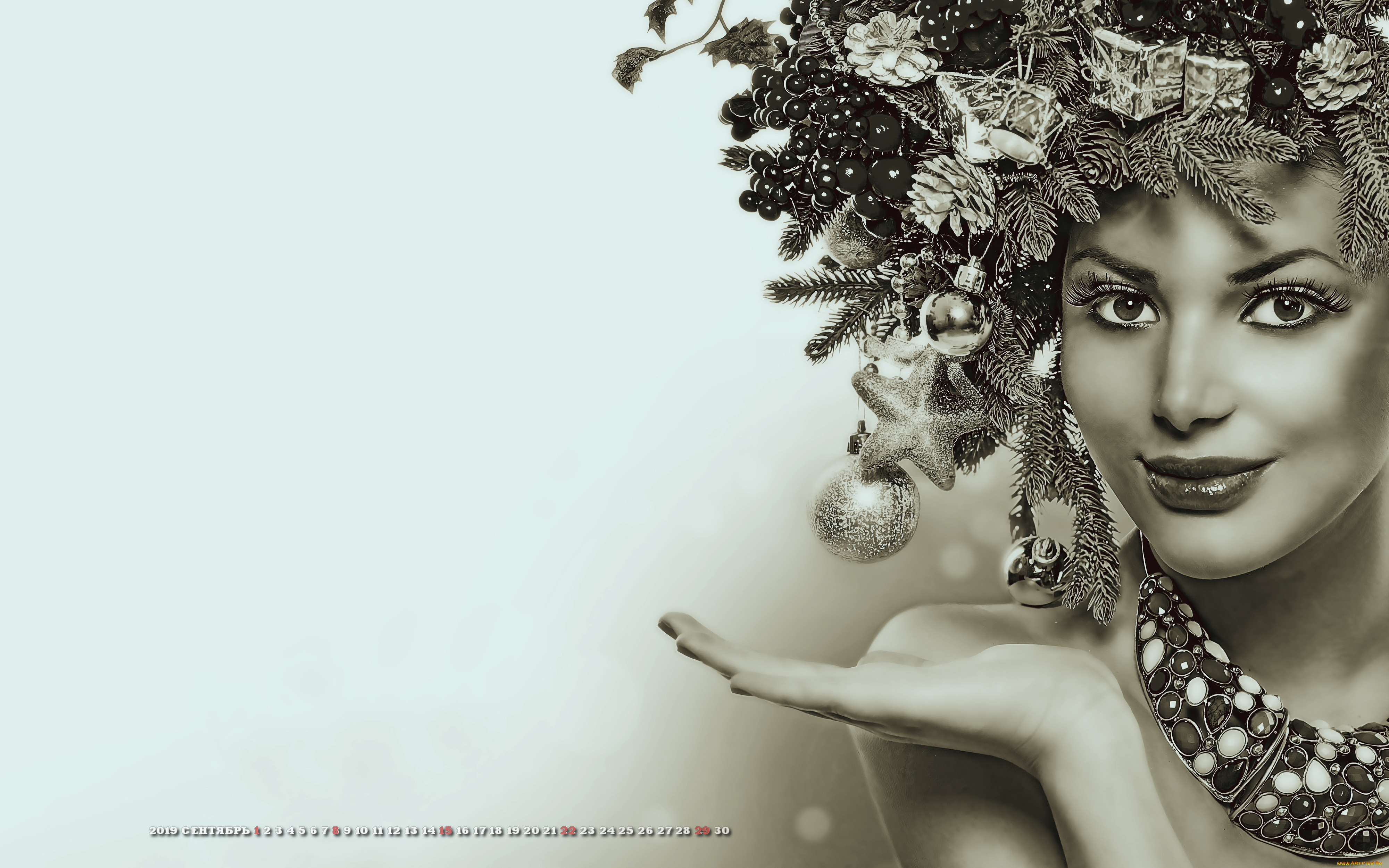 календари, компьютерный, дизайн, лицо, calendar, взгляд, украшение, девушка, праздник, венок, 2019