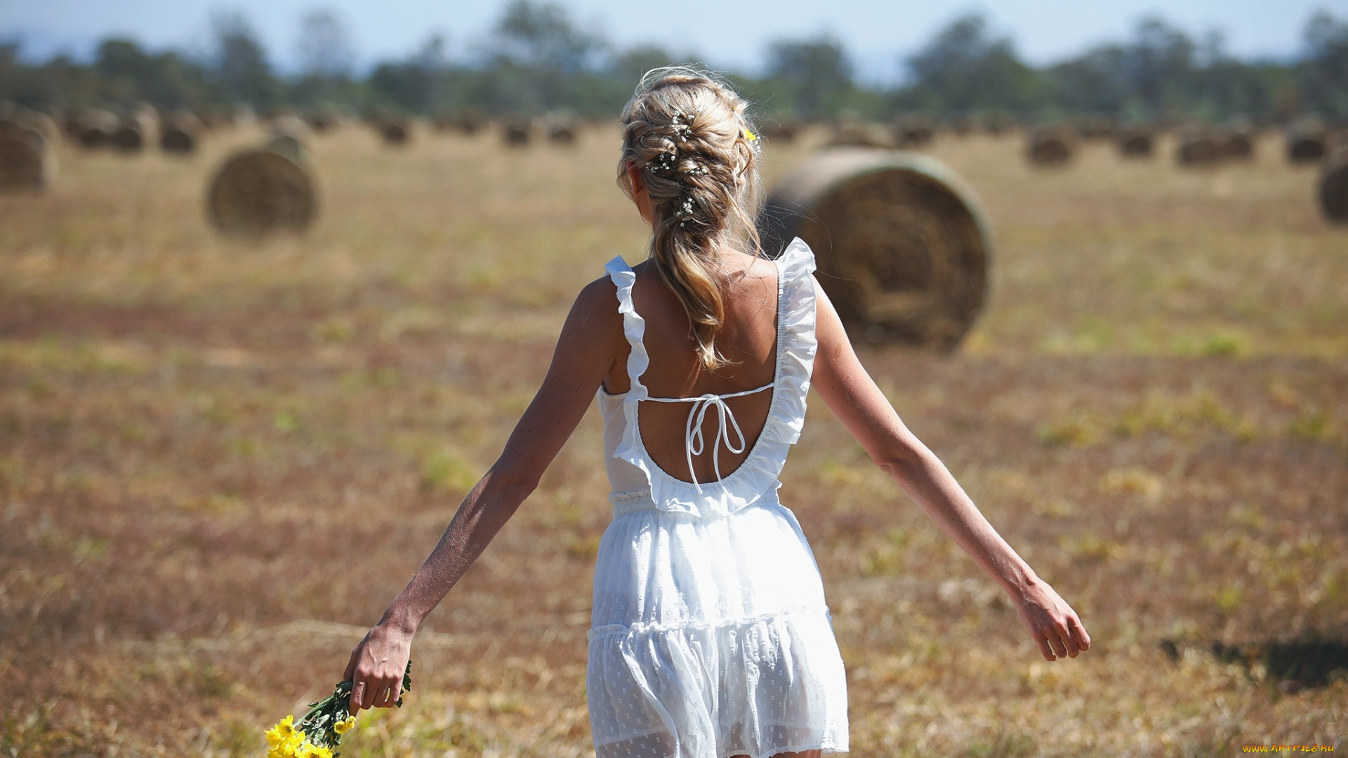 девушки, -, блондинки, , светловолосые, поле, блондинка, белое, платье, мини, букетик
