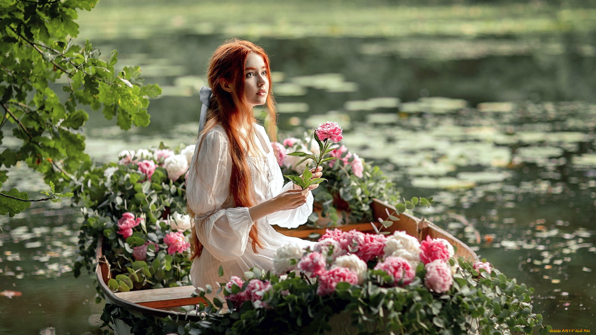 девушки, -, рыжеволосые, и, разноцветные, пруд, рыженькая, лодка, цветы