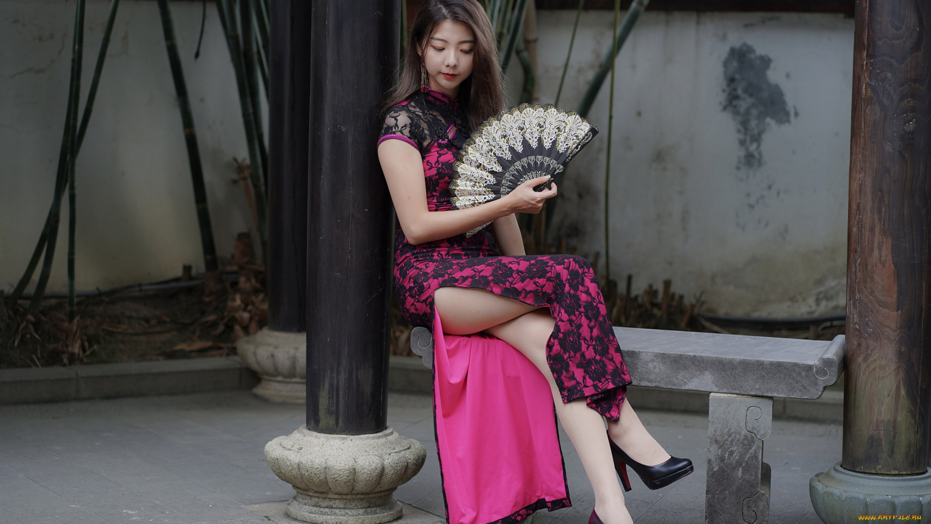 девушки, -, азиатки, азиатка, поза, веер