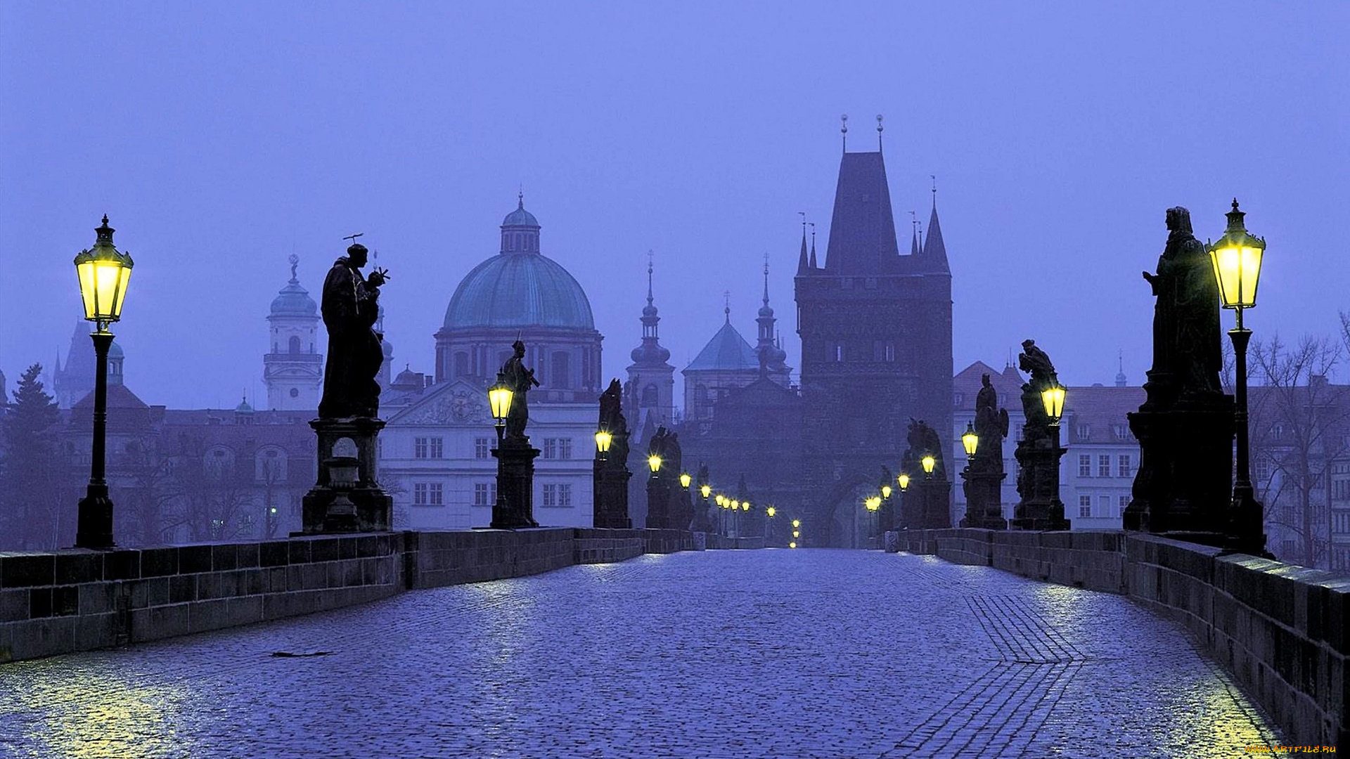 карлов, мост, города, прага, , чехия, мост, фонари, сумерки, здания