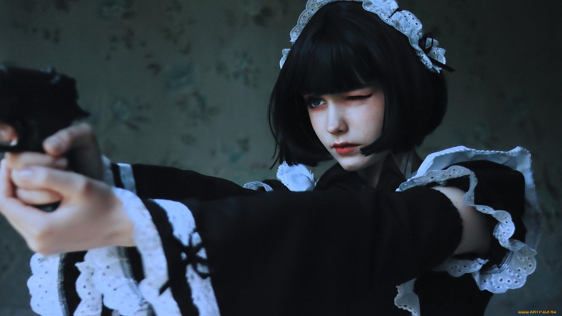 девушки, tenletters, образ, костюм, косплей, горничная, платье, пистолет