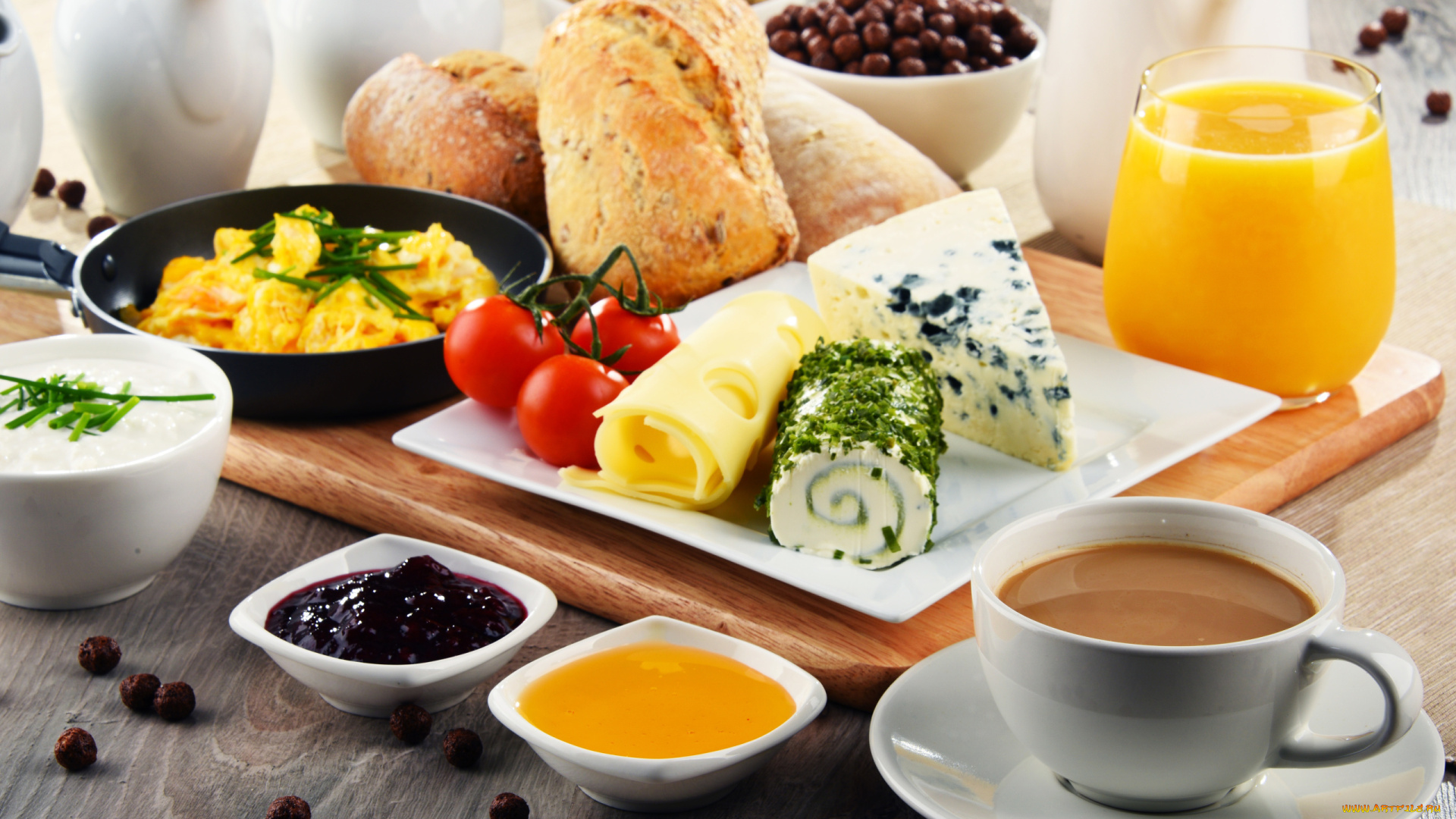 еда, разное, завтрак, сыр, мед, варенье, сок, кофе