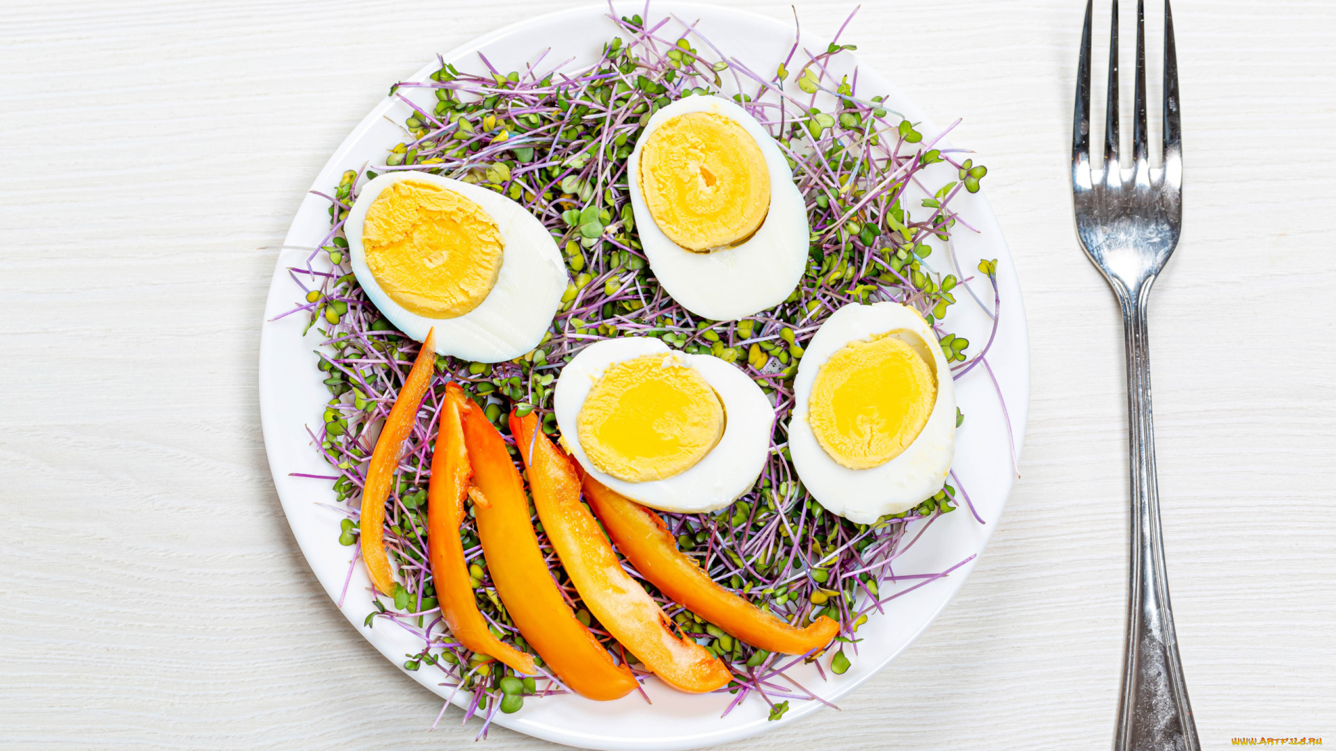 еда, яичные, блюда, отварные, яйца, проростки, перец