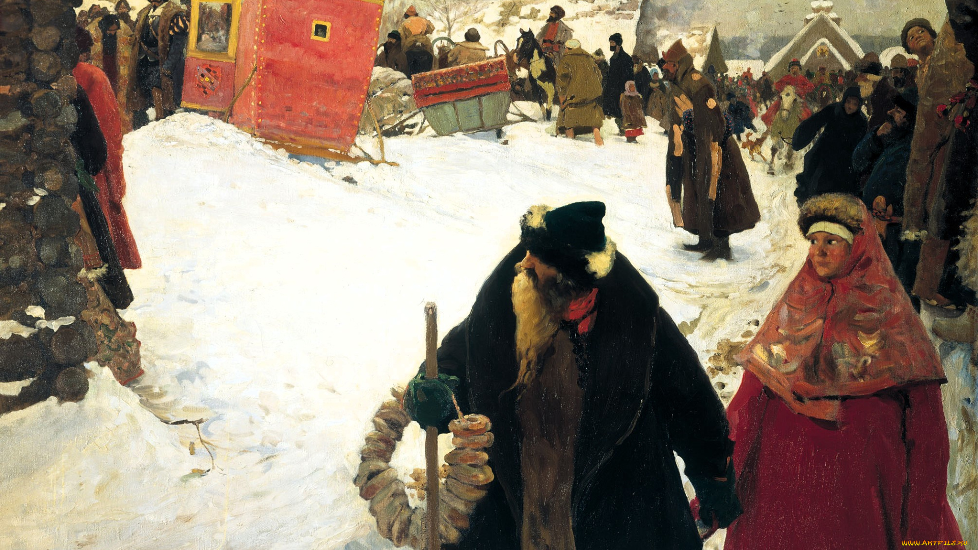 иванов, сергей, -, приезд, иностранцев, рисованное, сергей, иванов, люди, бублики, карета, снег, зима