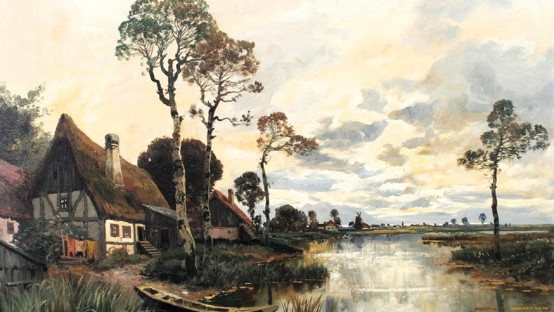 рисованное, alois, arnegger, река, лодка, деревья, дома