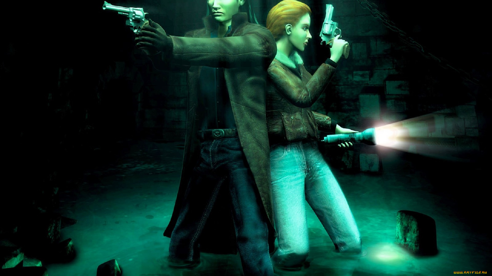 видео, игры, alone, in, the, dark, 4, парень, девушка, фонарь, оружие, вода