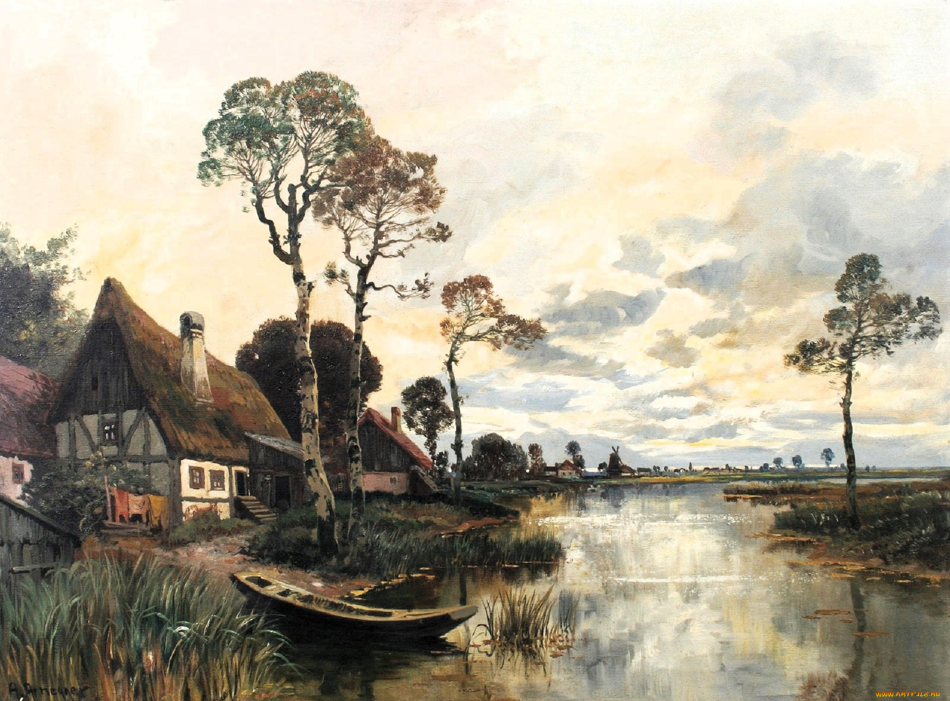 рисованное, alois, arnegger, река, лодка, деревья, дома