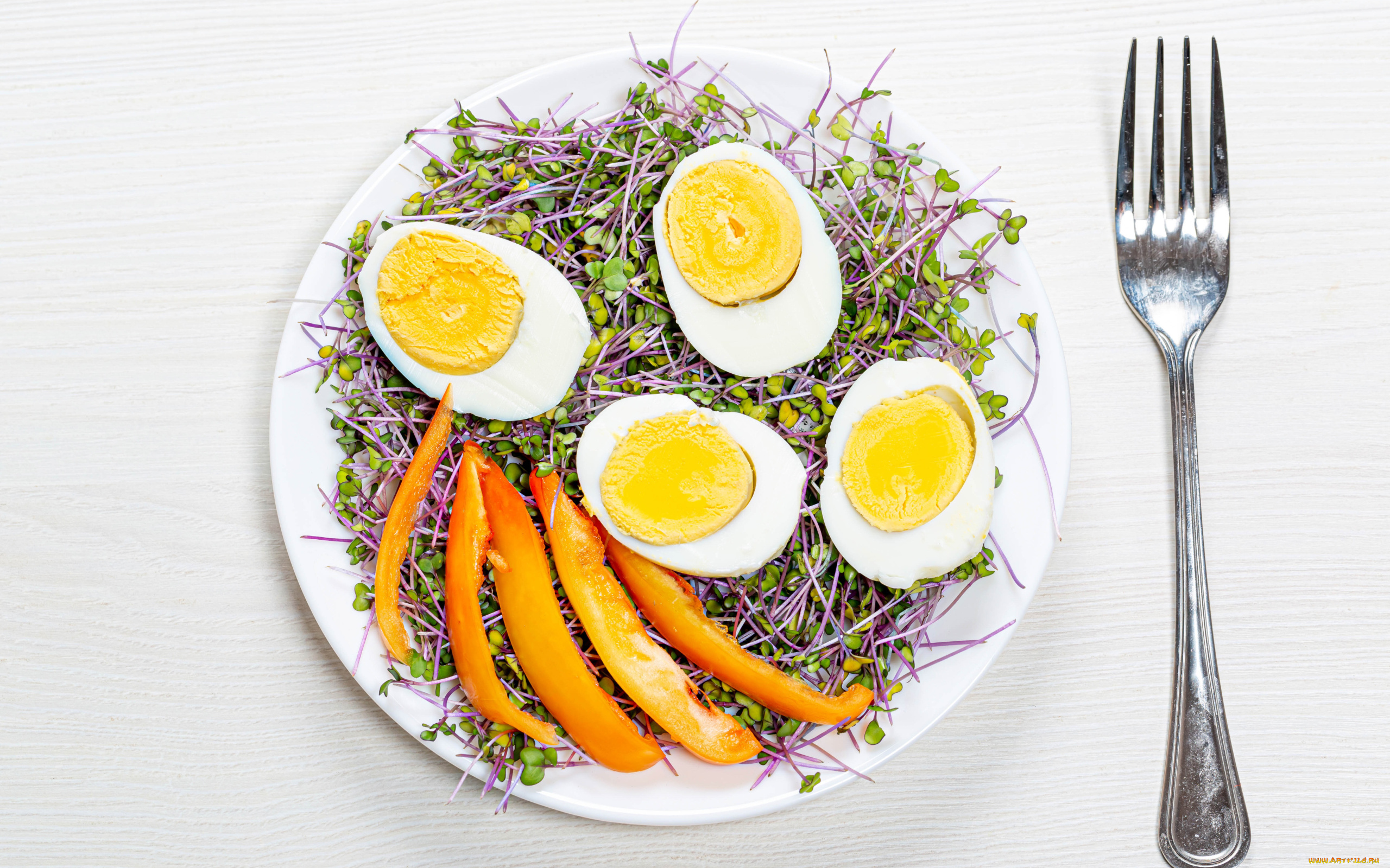 еда, яичные, блюда, отварные, яйца, проростки, перец
