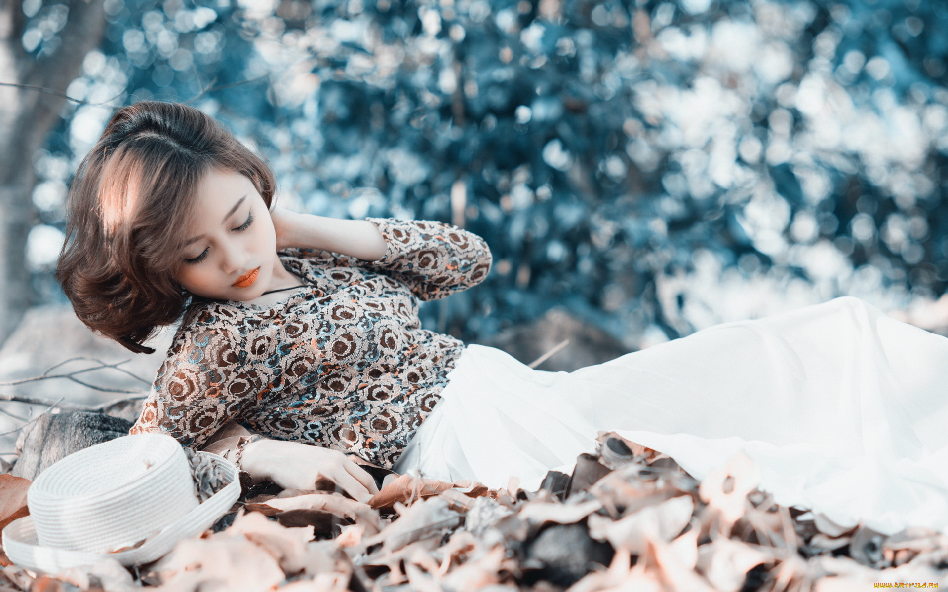 -Unsort, Азиатки, девушки, unsort, азиатки, шляпка, листья