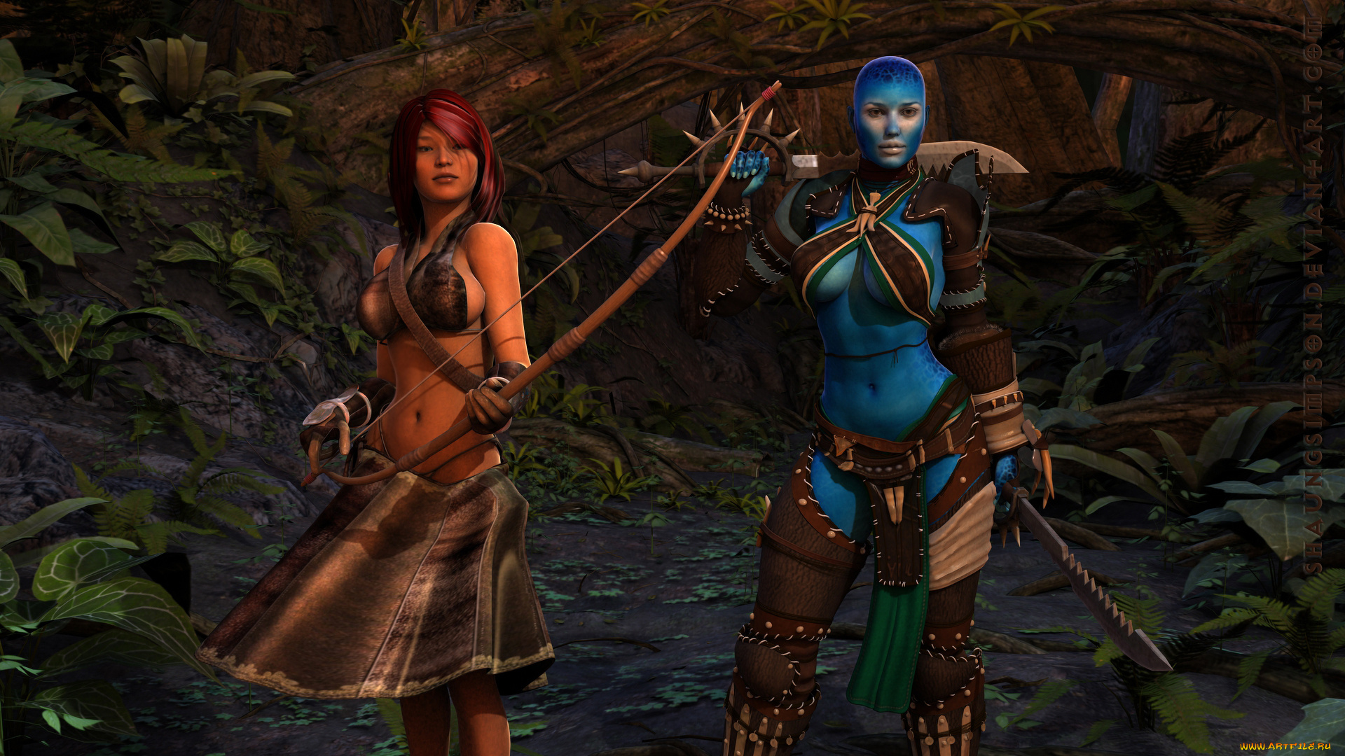 3д, графика, amazon, , амазонки, лук, девушка, лес