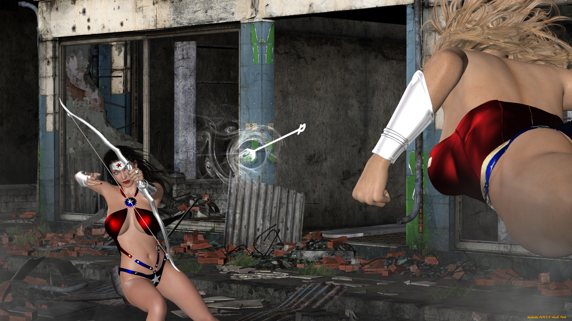 3д, графика, fantasy, , фантазия, стрела, лук, супермены, драка