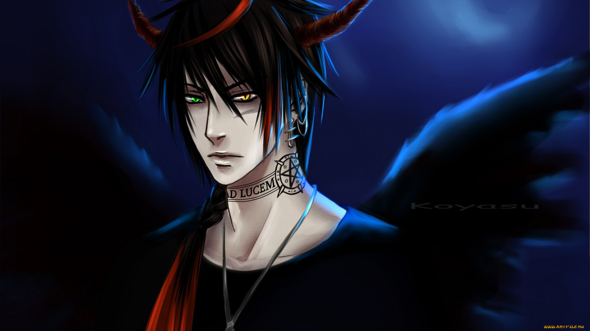 аниме, -angels, &, demons, крылья, разные, глаза, лунная, ночь, тату, взгляд, демон, парень