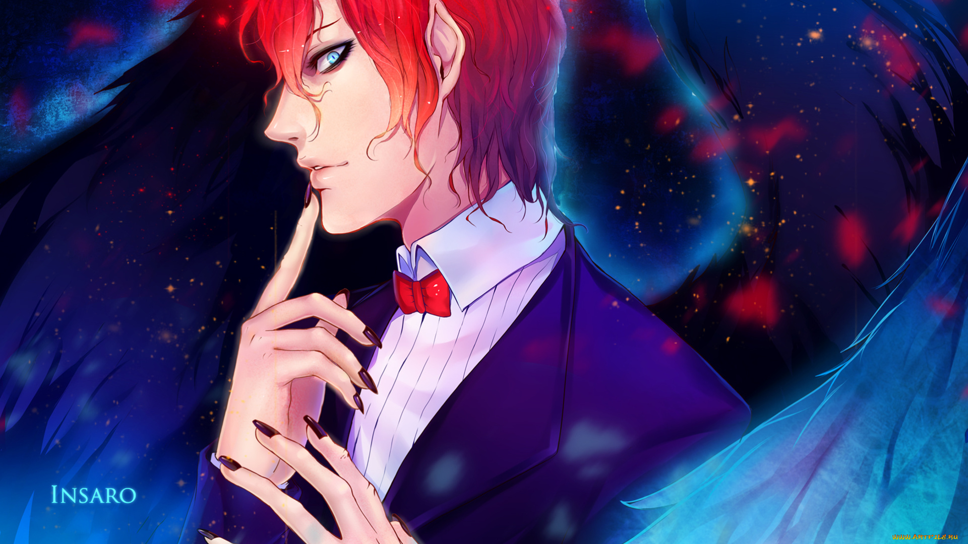 аниме, -angels, &, demons, маникюр, когти, парень, взгляд, глаз, бабочка, смокинг, красные, волосы, демон, крылья