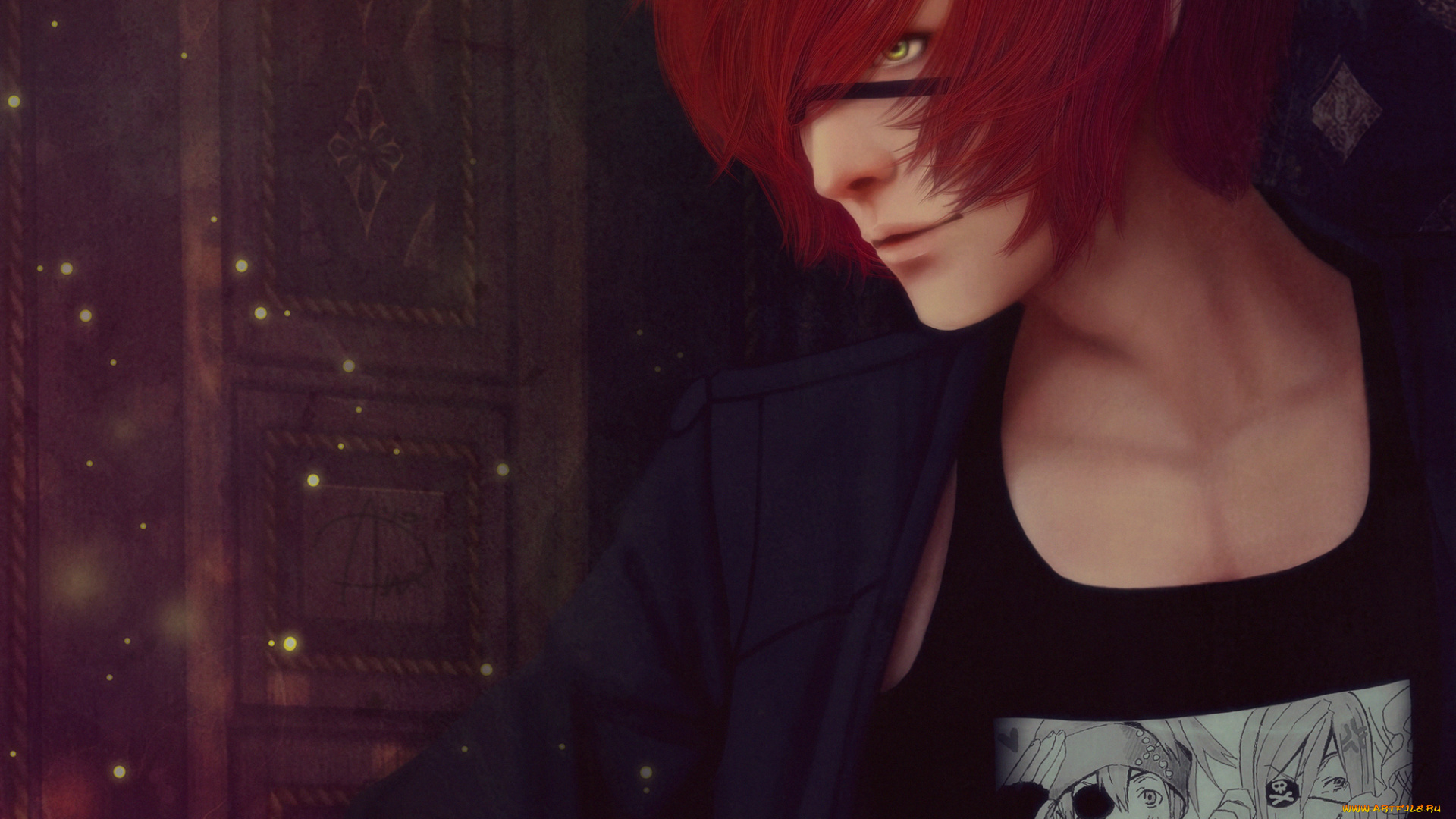 аниме, , gray-man, красные, волосы, повязка, парень, ди, грей, мен, майка, с, фото, искры, зелёный, глаз, lavi