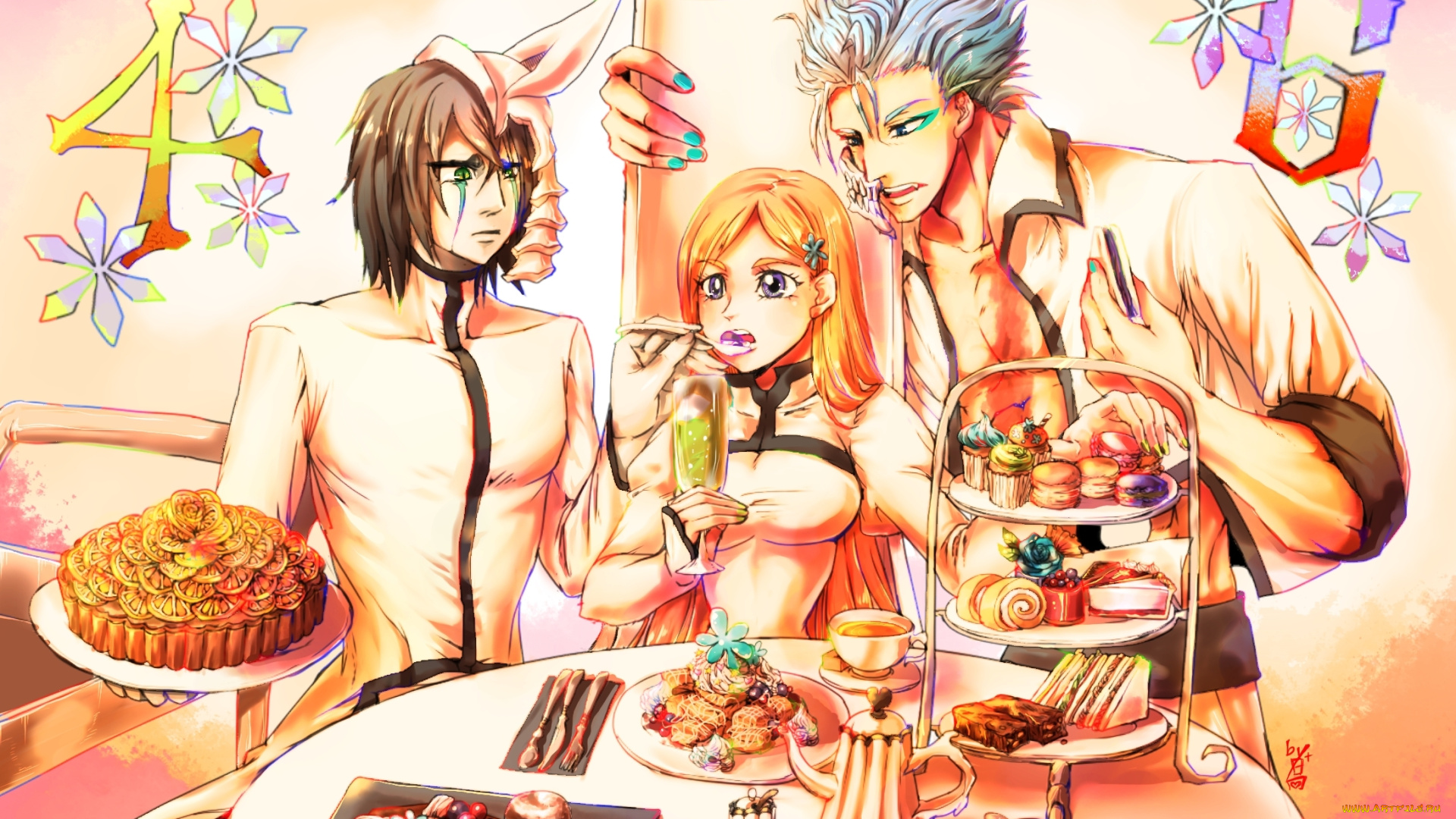аниме, bleach, блич, арт, аранкары, стол, сладости, девушка, гримджоу, улькиорра, орихиме