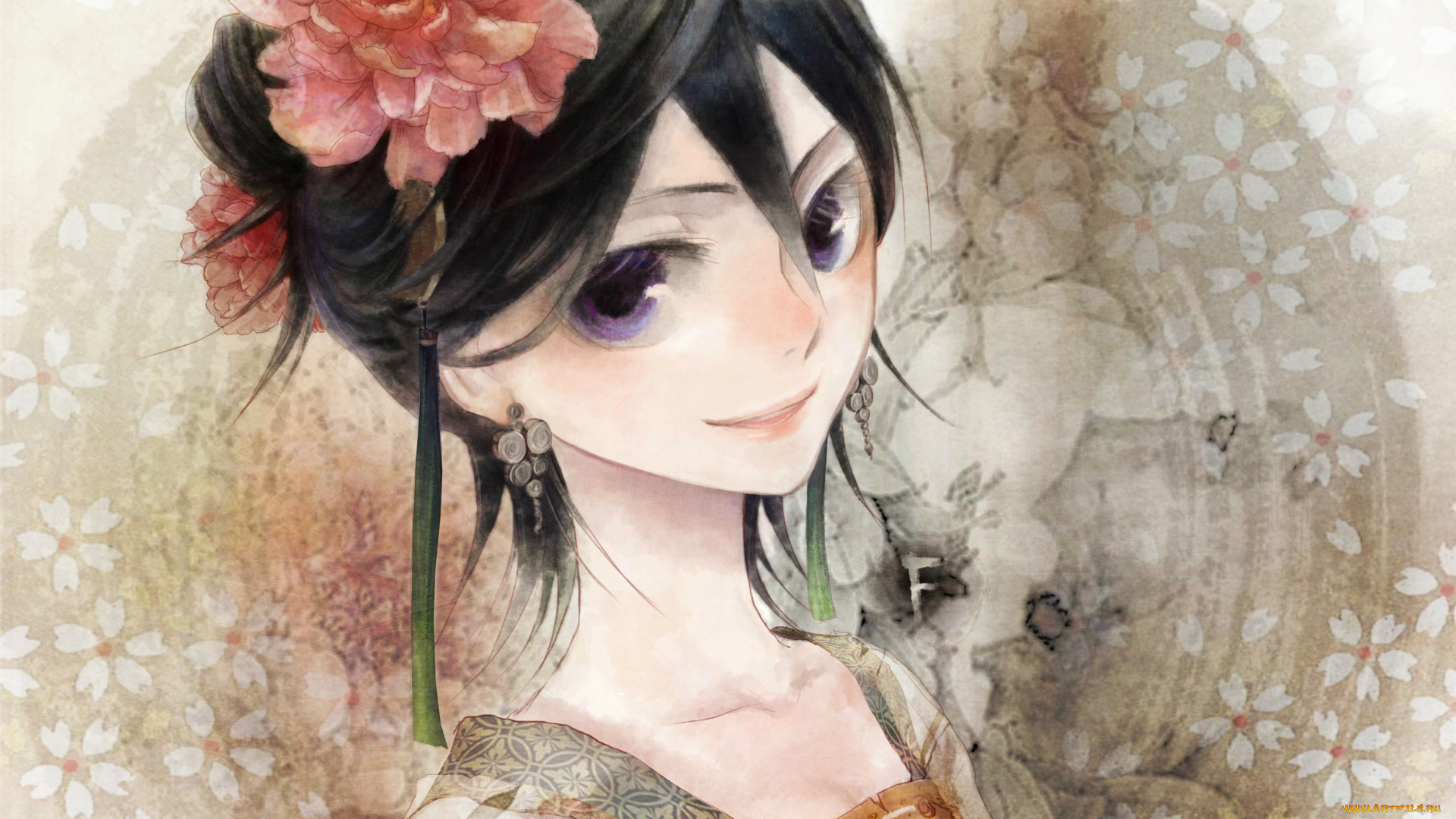 аниме, bleach, рукия, блич, цветок, арт, рисунок, девушка, брюнетка, портрет, серьги, причёска