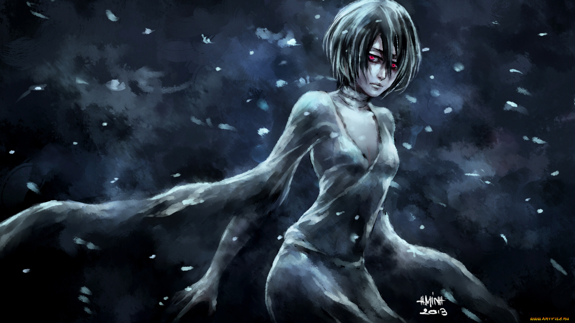 аниме, bleach, рукия, девушка, арт, кучики, белое, платье, шинигами