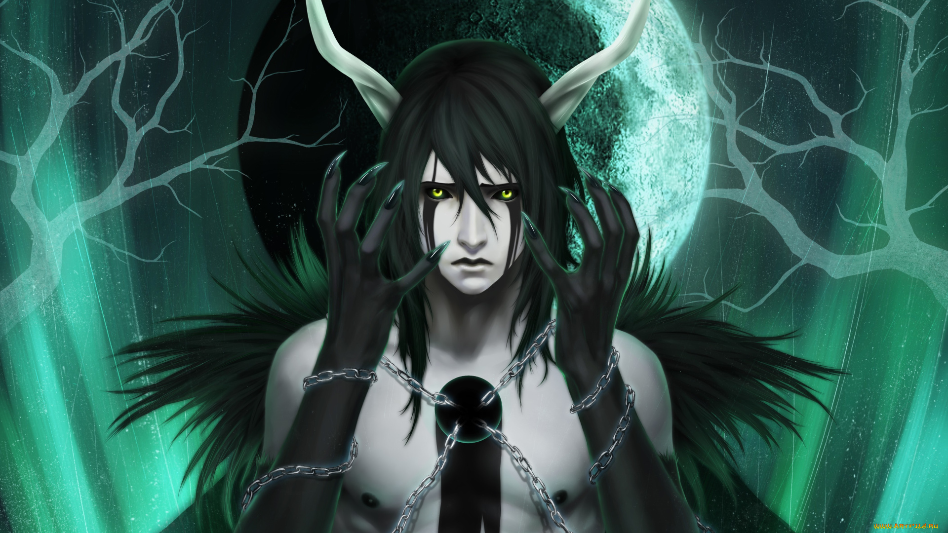 аниме, bleach, шиффер, торс, цепи, руки, когти, зелень, пустой, улькиорра, рога, ночь, ветви, арт, луна, аранкар
