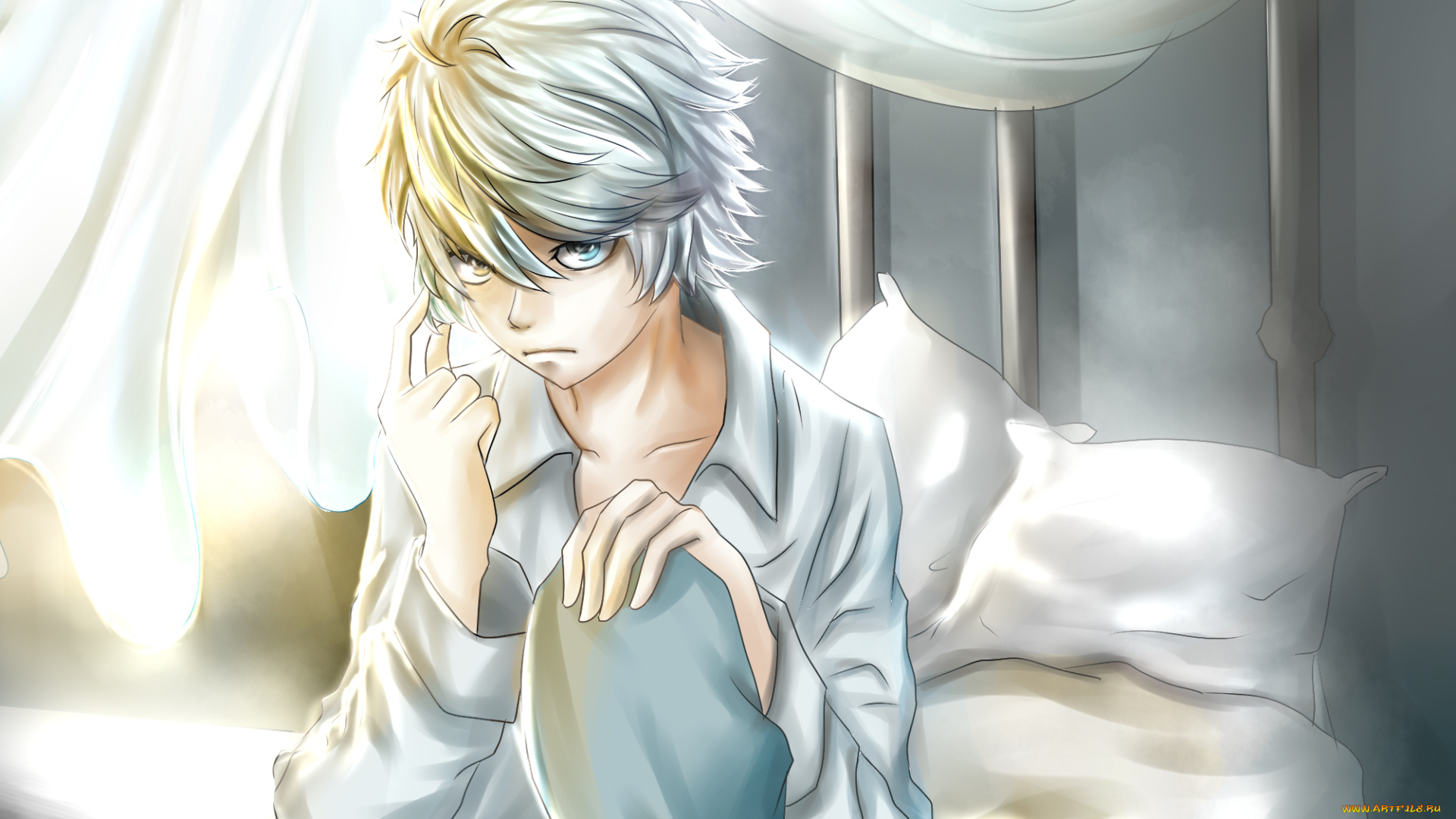 аниме, death, note, ния, тетрадь, смерти, парень, мальчик, занавеска, кровать, подушка, взгляд, сыщик