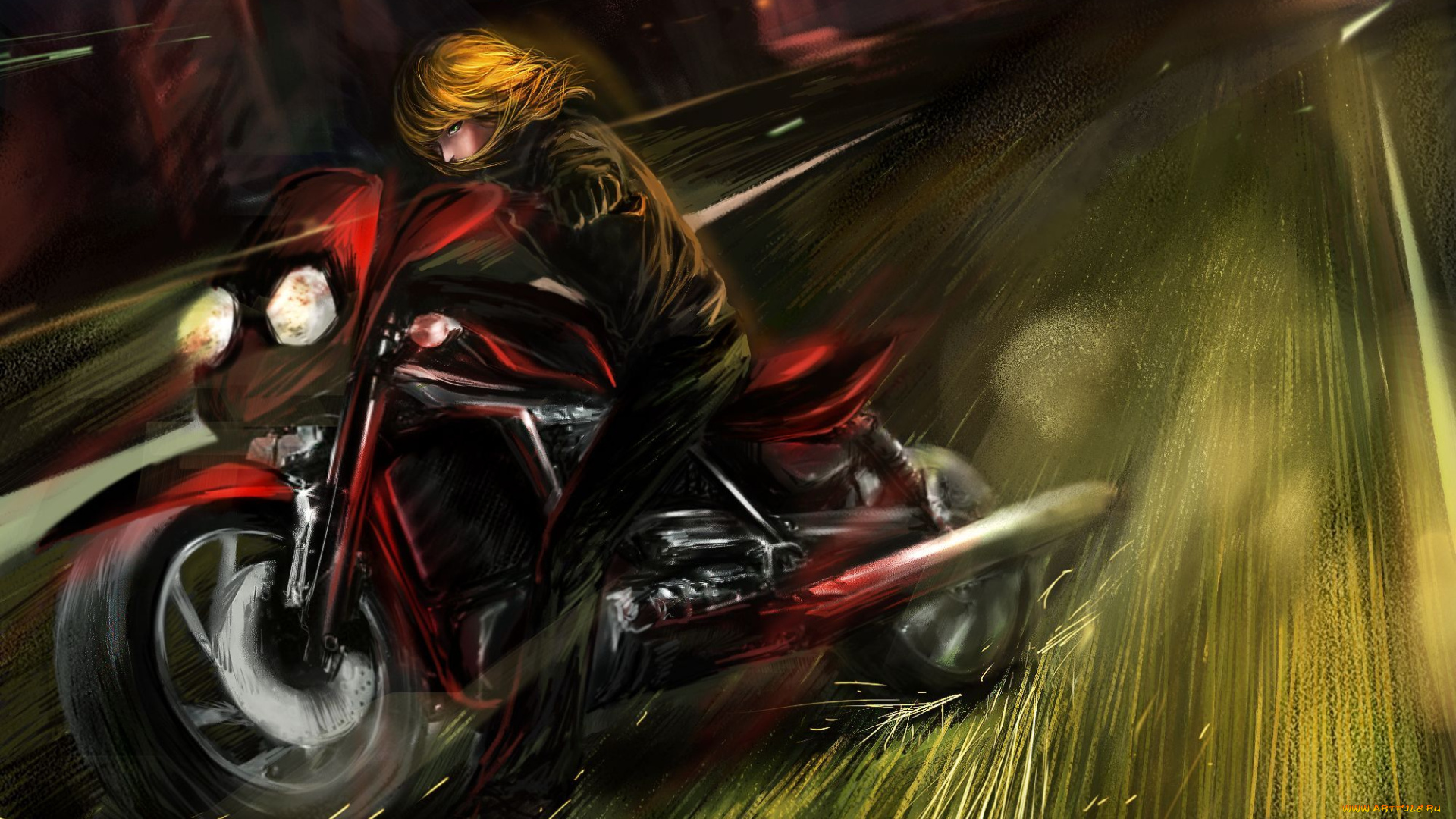 аниме, death, note, тетрадь, смерти, арт, парень, мотоцикл, дорога, скорость, искры, блондин, огни