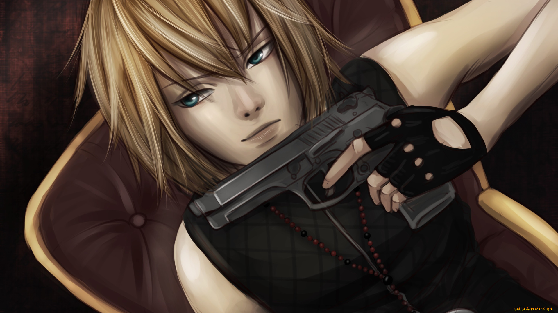 аниме, death, note, тетрадь, смерти, пистолет, парень, блондин, бусы, жилетка, подушка