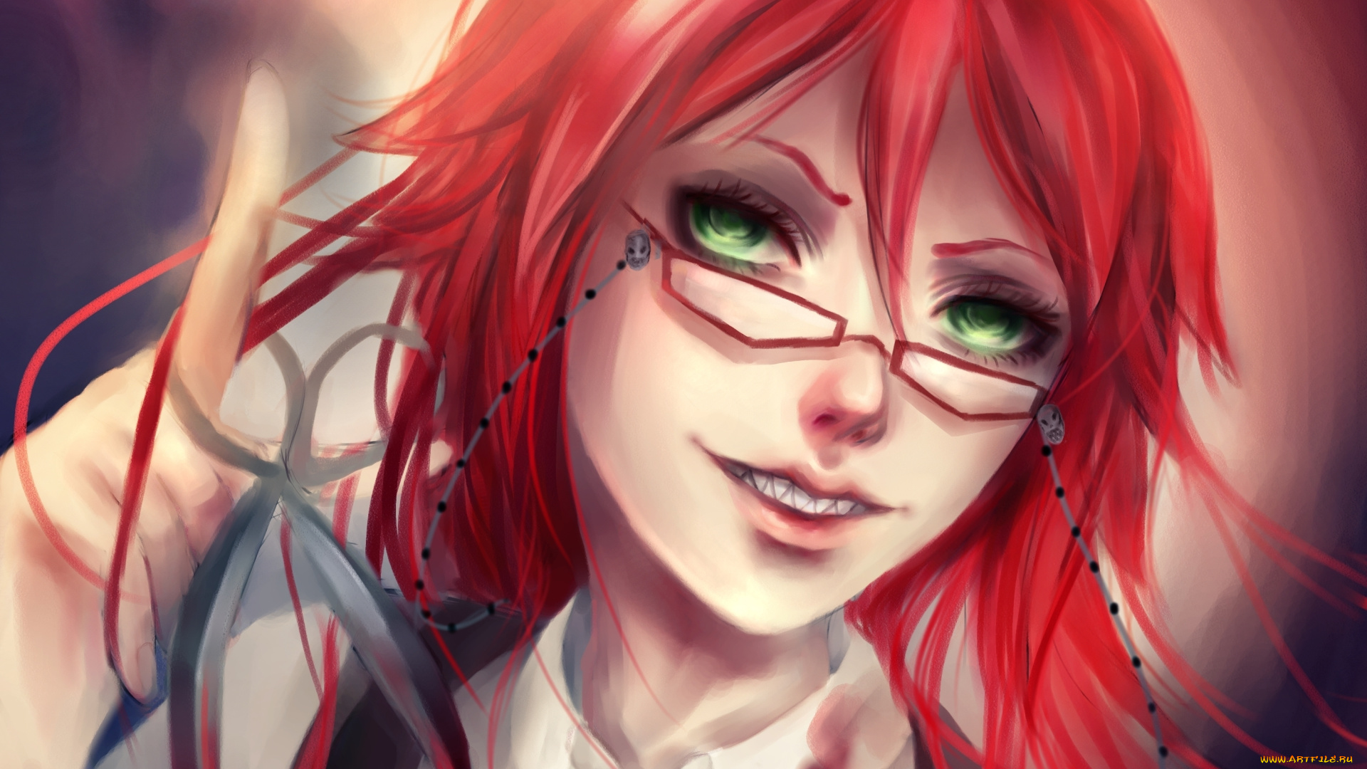 аниме, kuroshitsuji, улыбка, ножницы, арт, рисованный, очки, парень, темный, дворецкий, шинигами