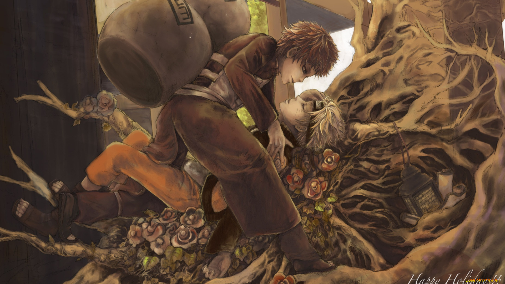 аниме, naruto, цветы, гаара, наруто, фонарь, дерево, корни