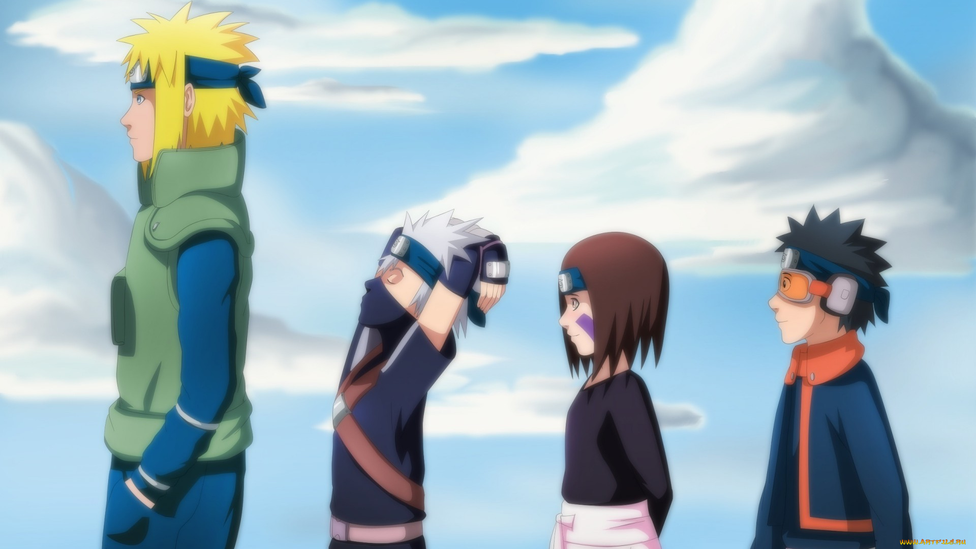 аниме, naruto, команда, какаши, минато, небо, обито, рин