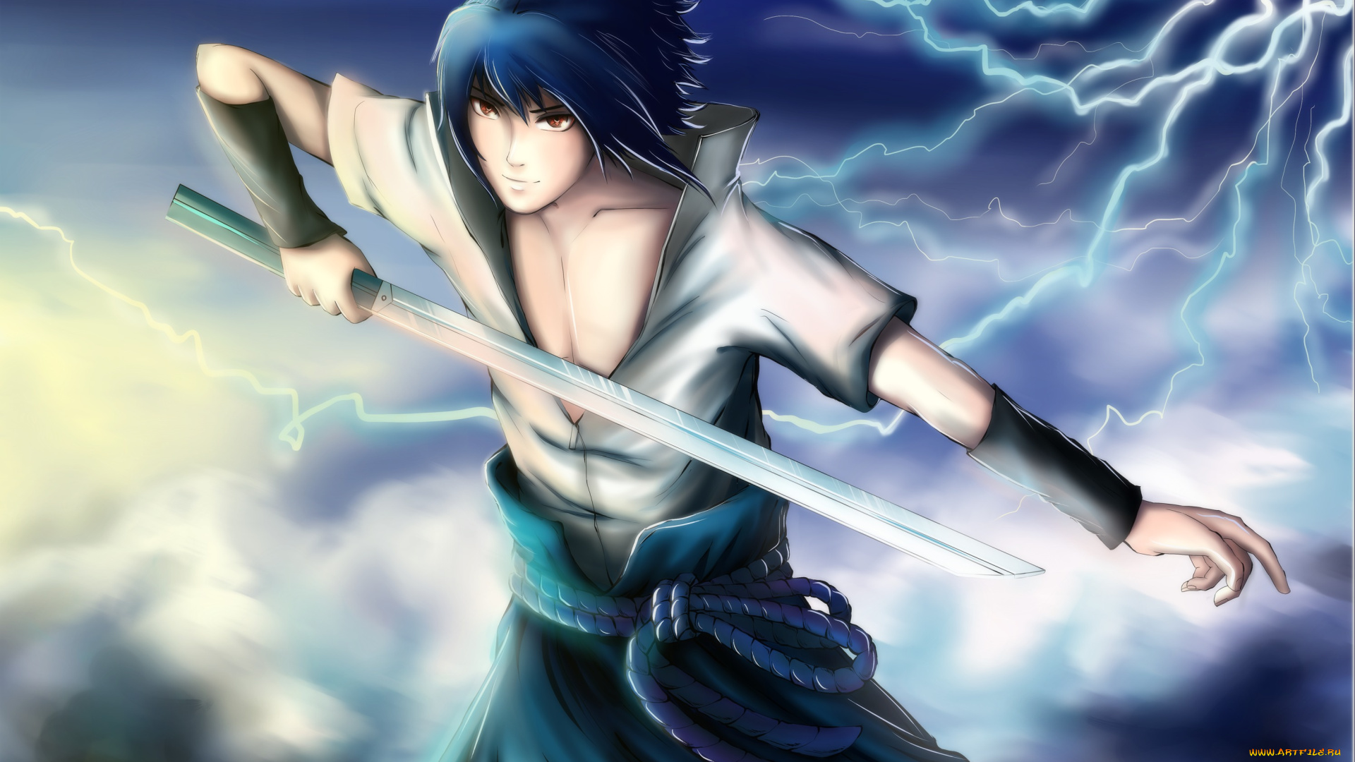 аниме, naruto, облака, саске, учиха, парень, катана, молнии, гроза