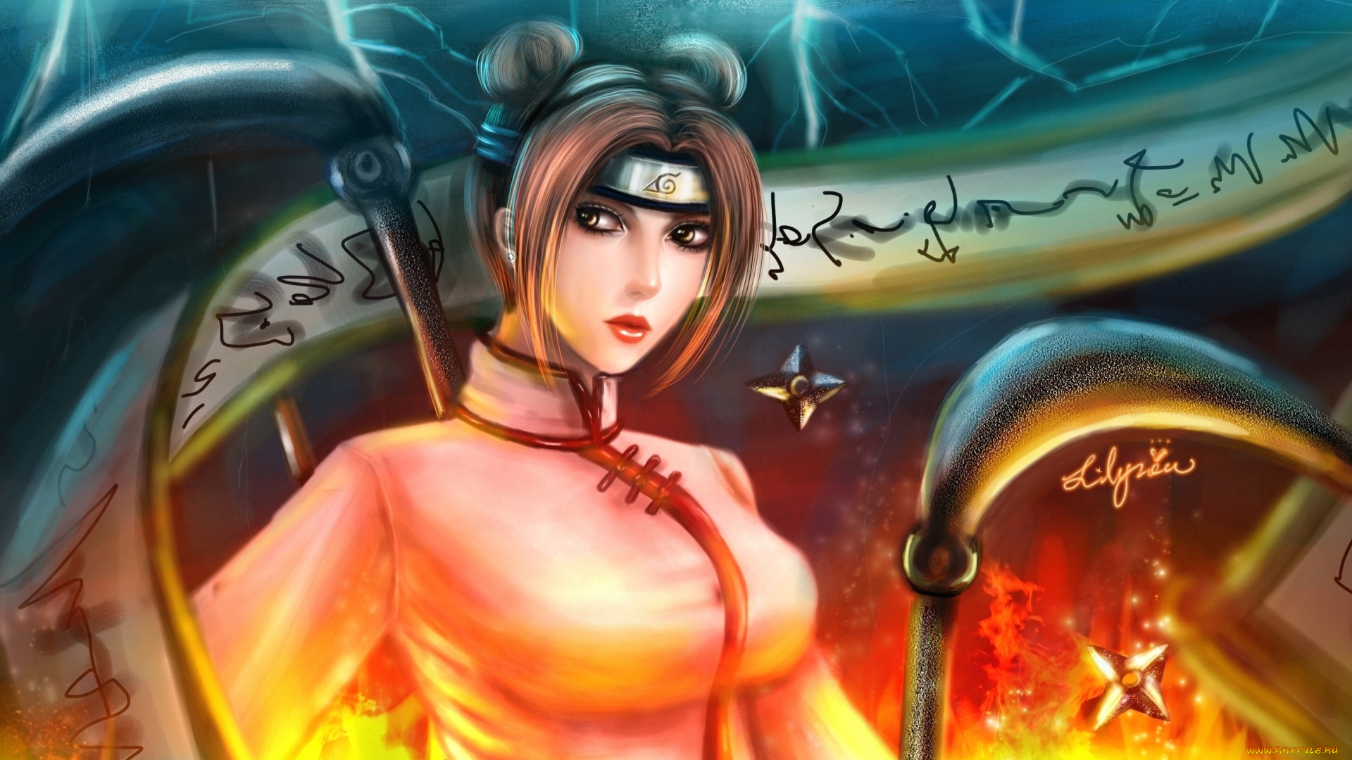 аниме, naruto, сюрикены, надписи, оружие, свиток, девушка, огонь, тен-тен, наруто