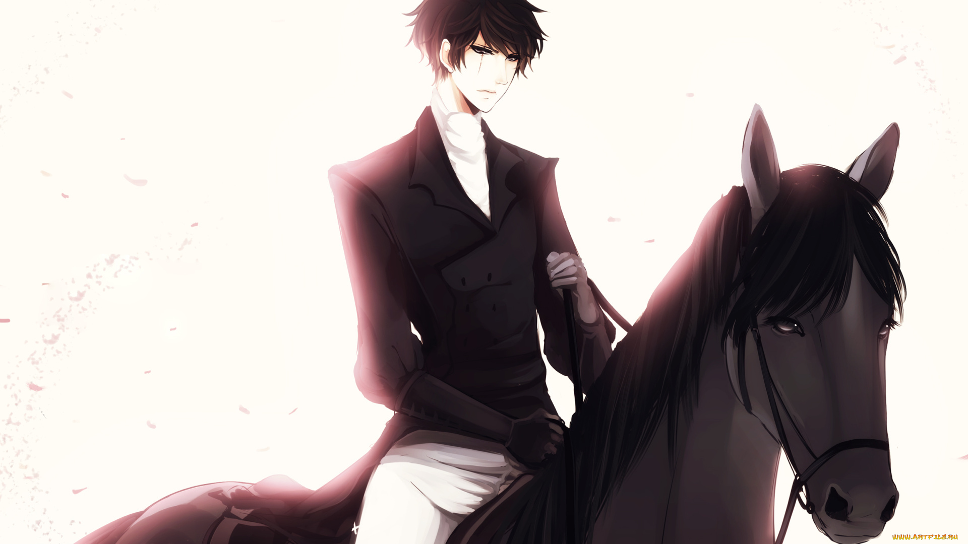 аниме, *unknown, , другое, белый, фон, аристократ, лошадь, брюнет, парень, наездник