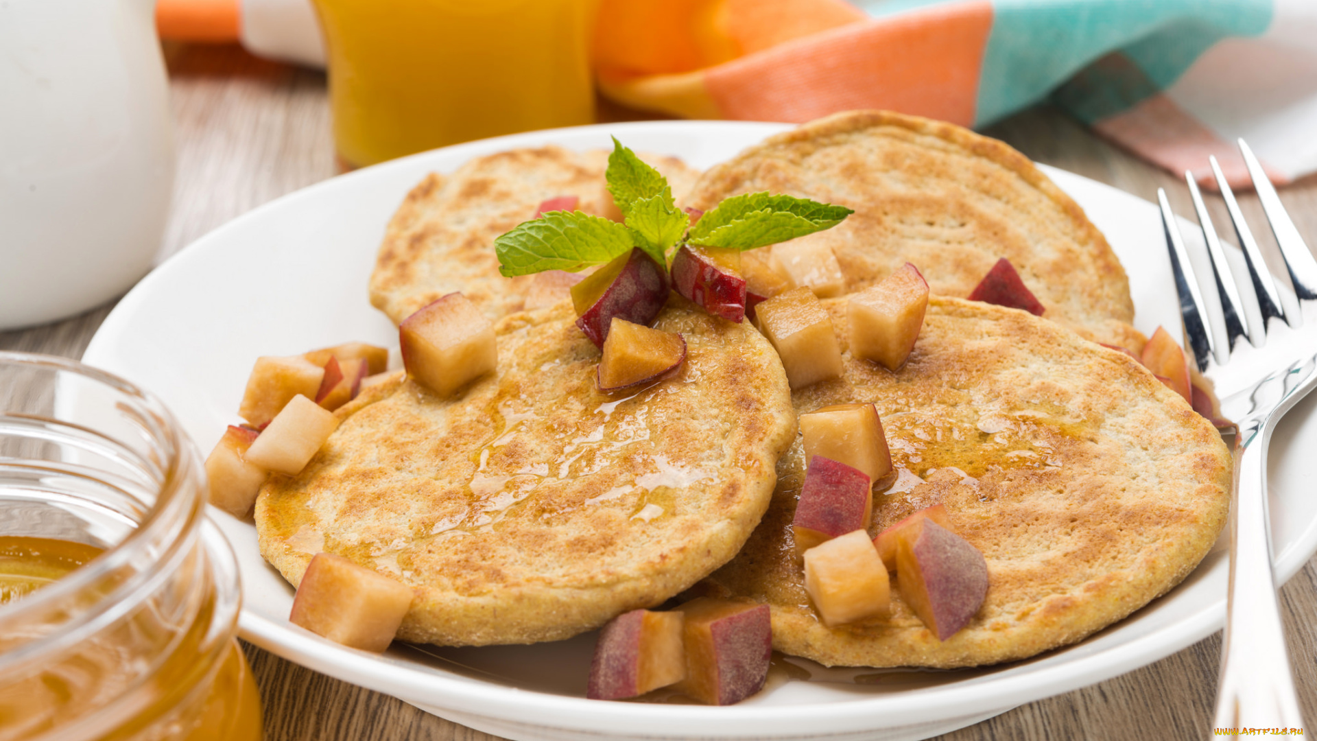 еда, блины, , оладьи, персик, блинчики