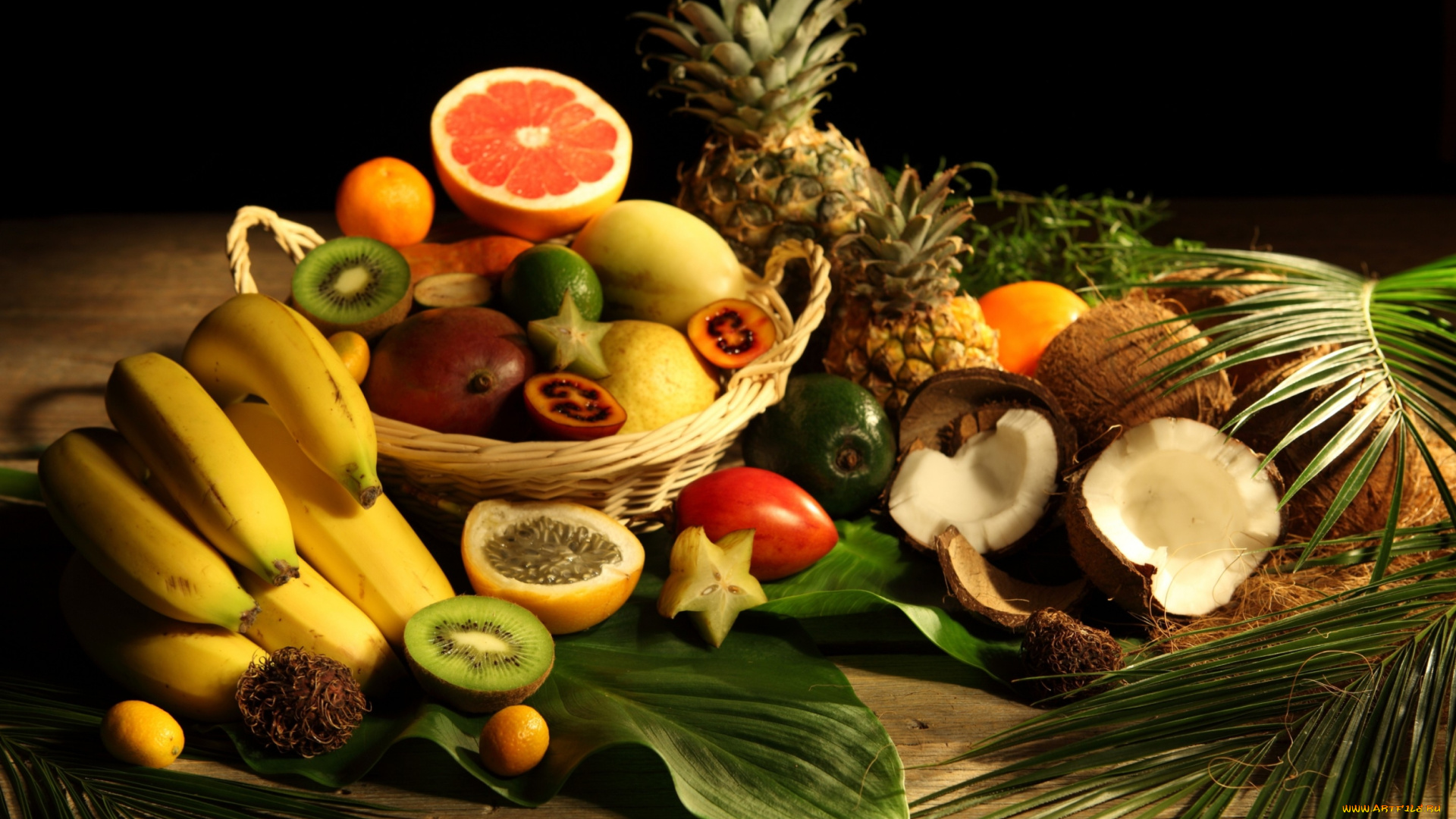 еда, фрукты, , ягоды, бананы, киви, ананас, кокос, грейпфрут, листья