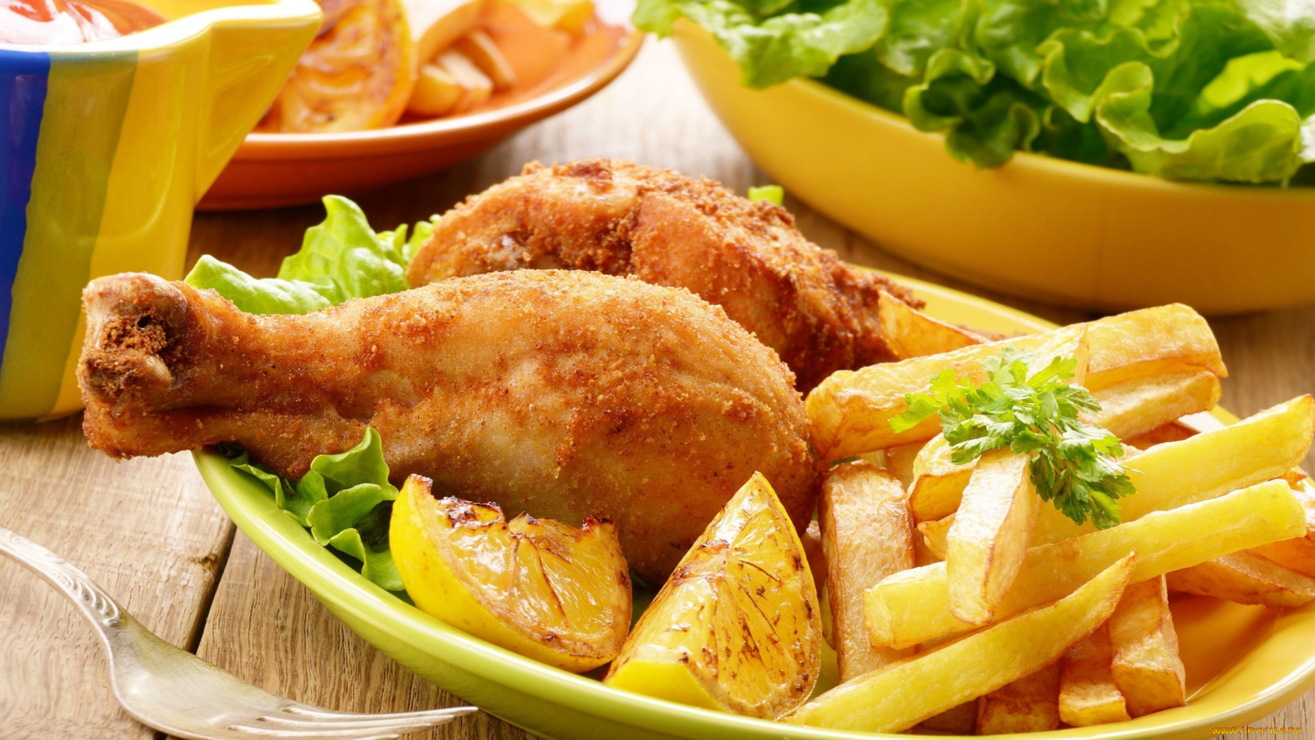 еда, мясные, блюда, куриная, ножка, листья, салата, картошка, картофель, курица