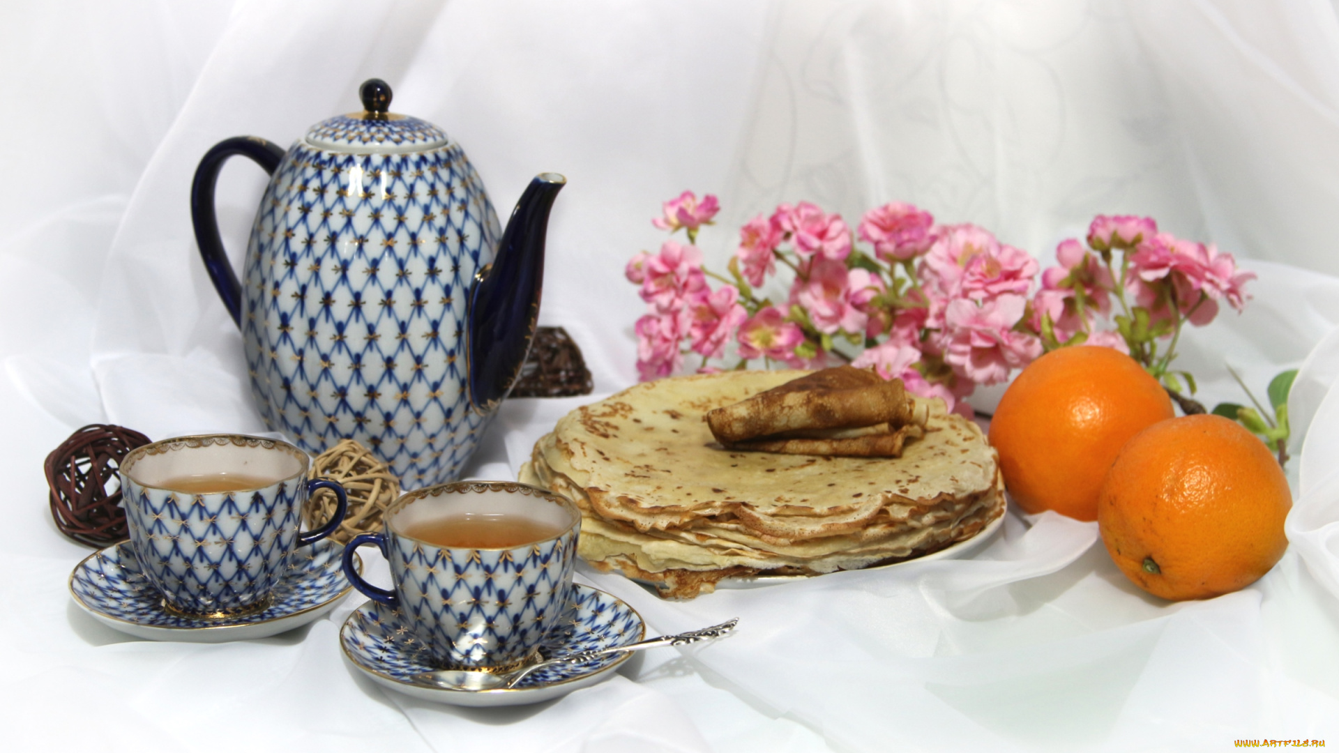 еда, натюрморт, апельсины, чай, блины