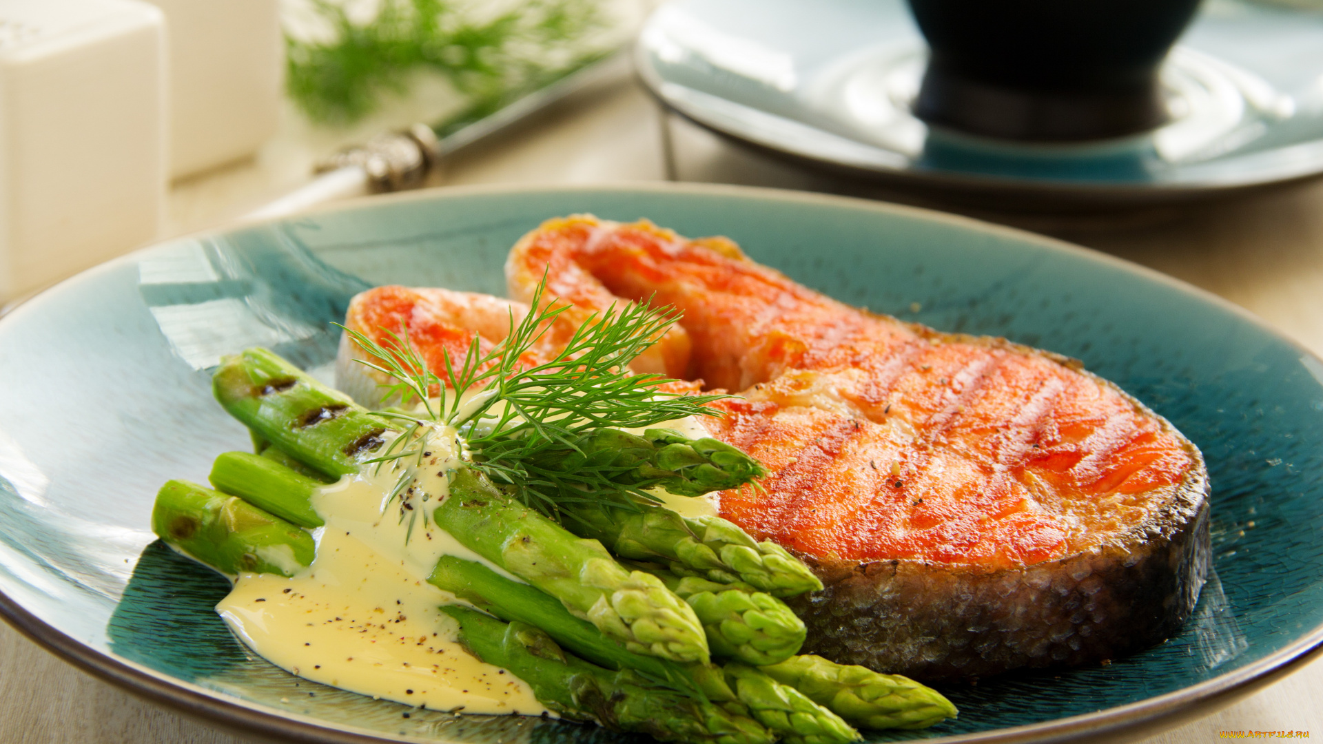 еда, рыбные, блюда, , с, морепродуктами, лосось, спаржа, укроп, соус