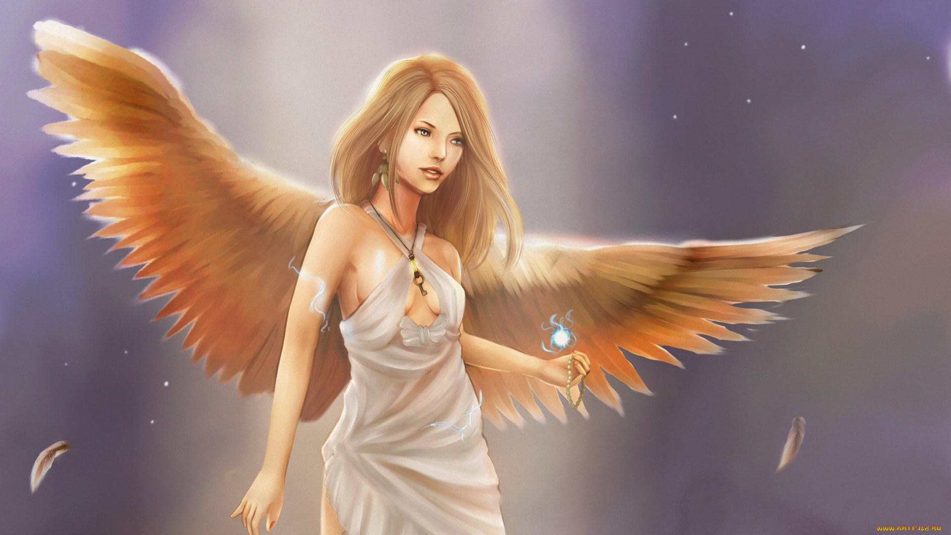 фэнтези, ангелы, девушка, ангел, взгляд, волосы, крылья, платье, фон