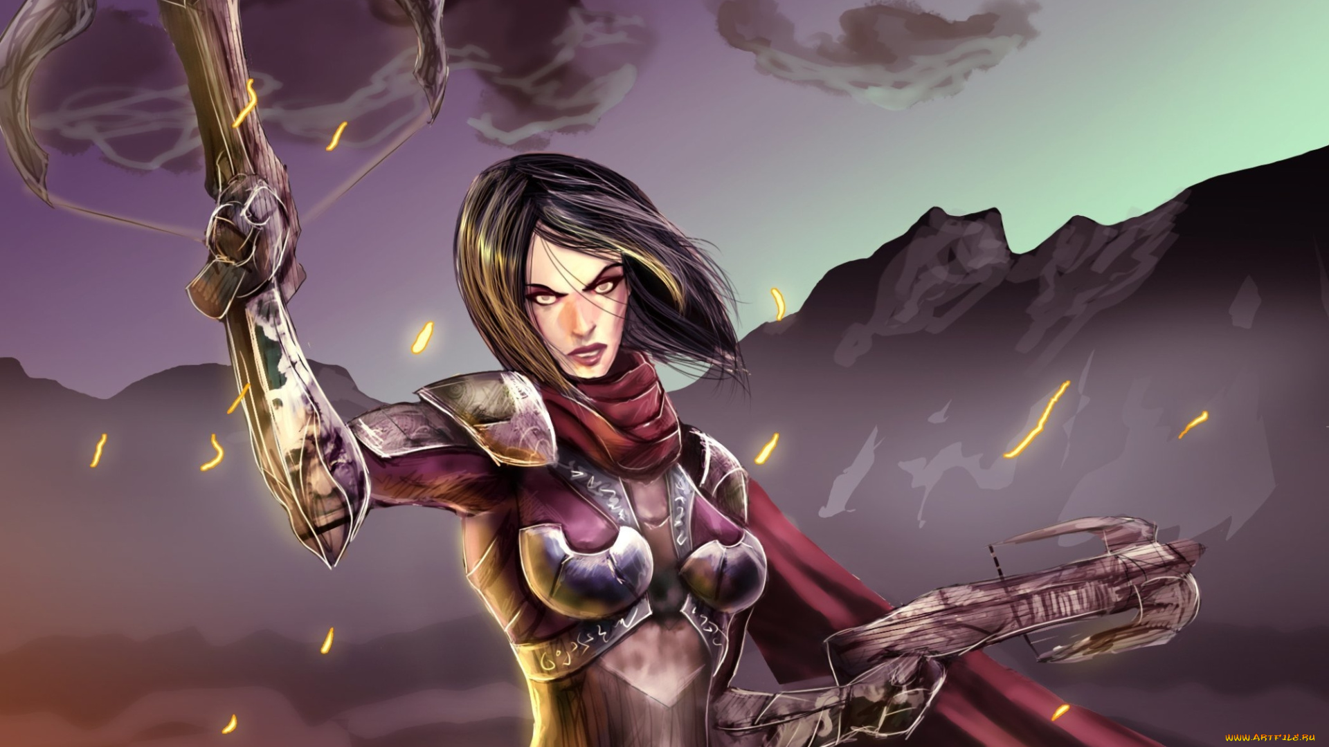 фэнтези, девушки, доспехи, арбалет, девушка, фон, волосы, взгляд