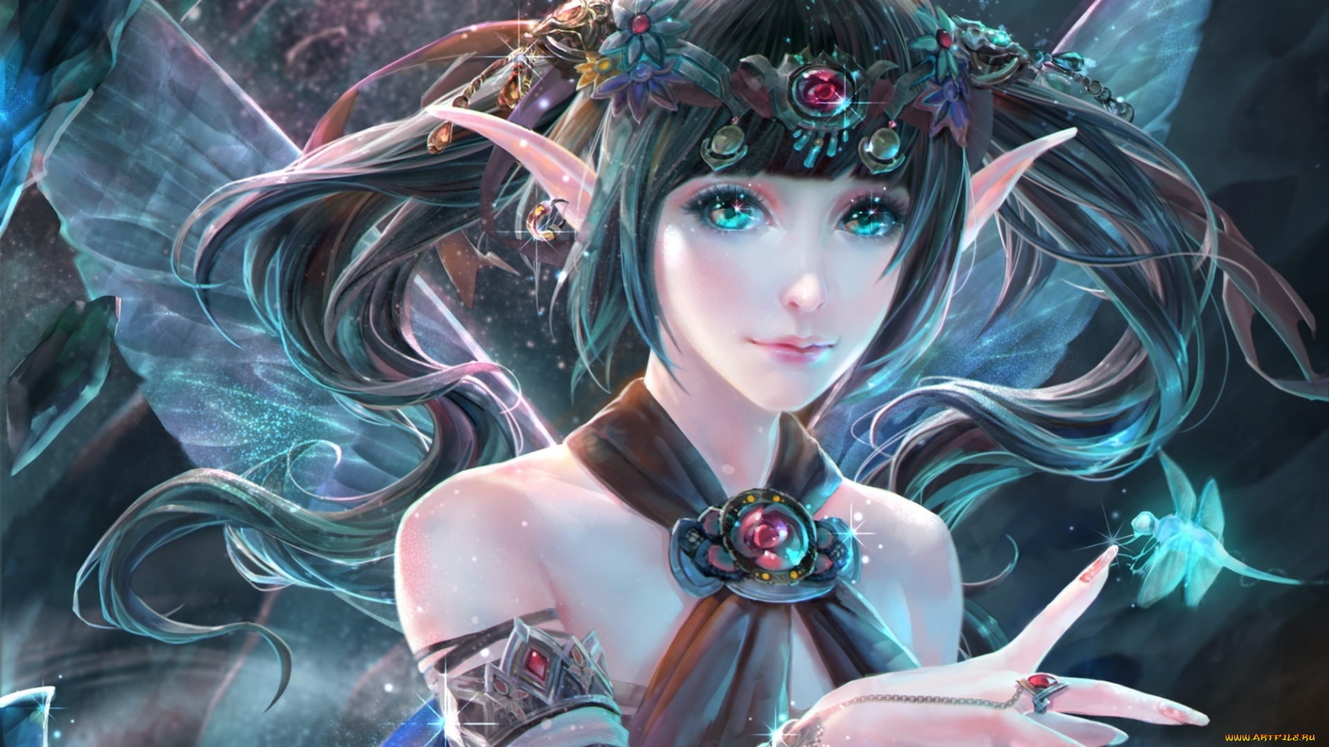 фэнтези, эльфы, бабочка, уши, рука, украшения, взгляд, эльфийка, арт