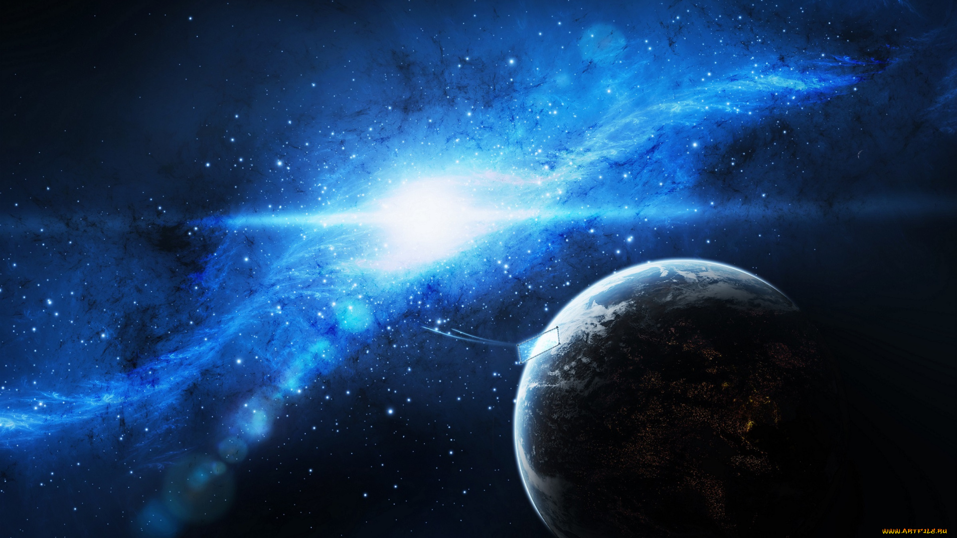 космос, арт, планета, туманность, звёзды, искры
