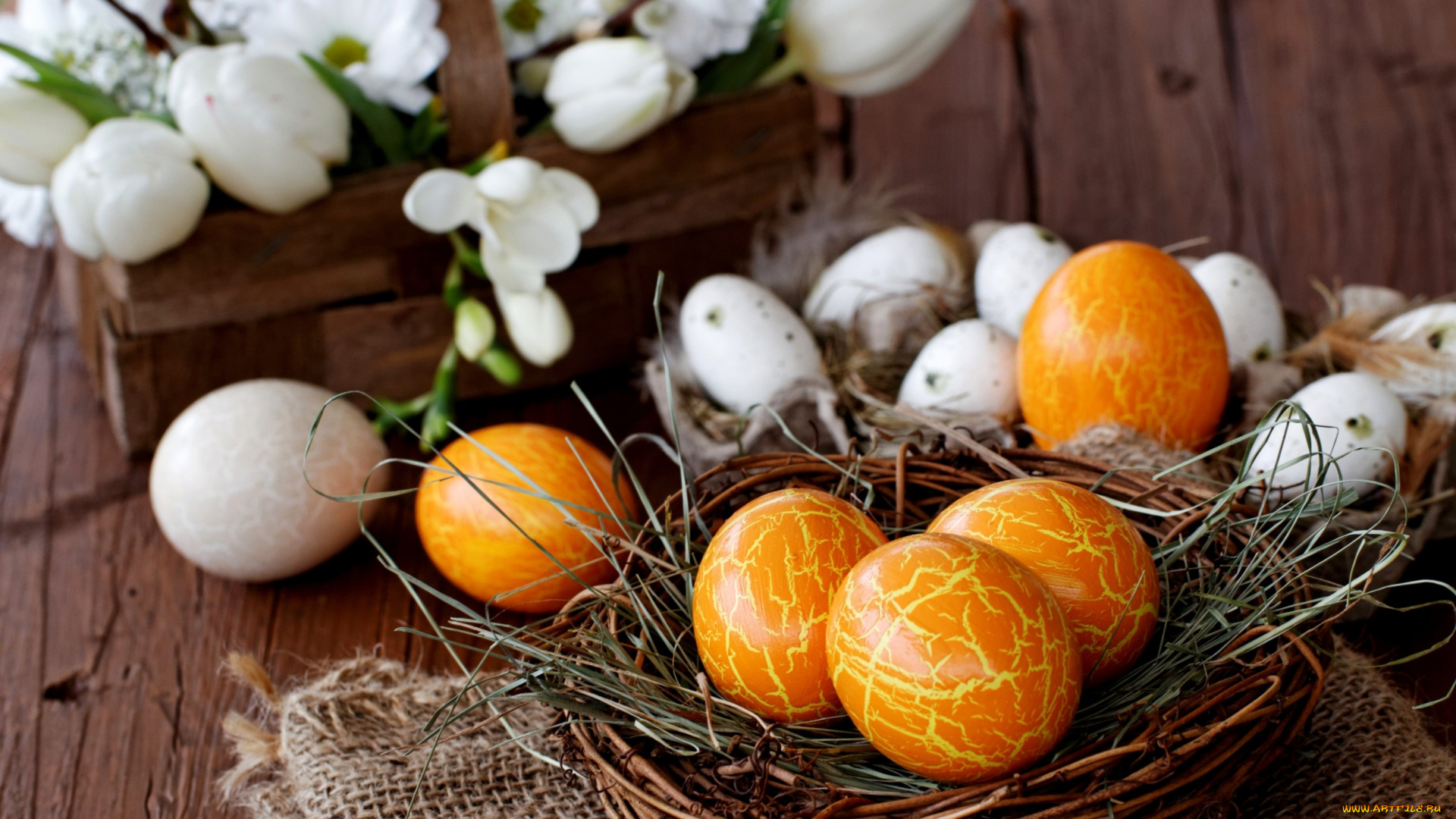 праздничные, пасха, easter, весна, праздник, гнездо, яйца, пасхальные, корзина, цветы, крокусы, белые