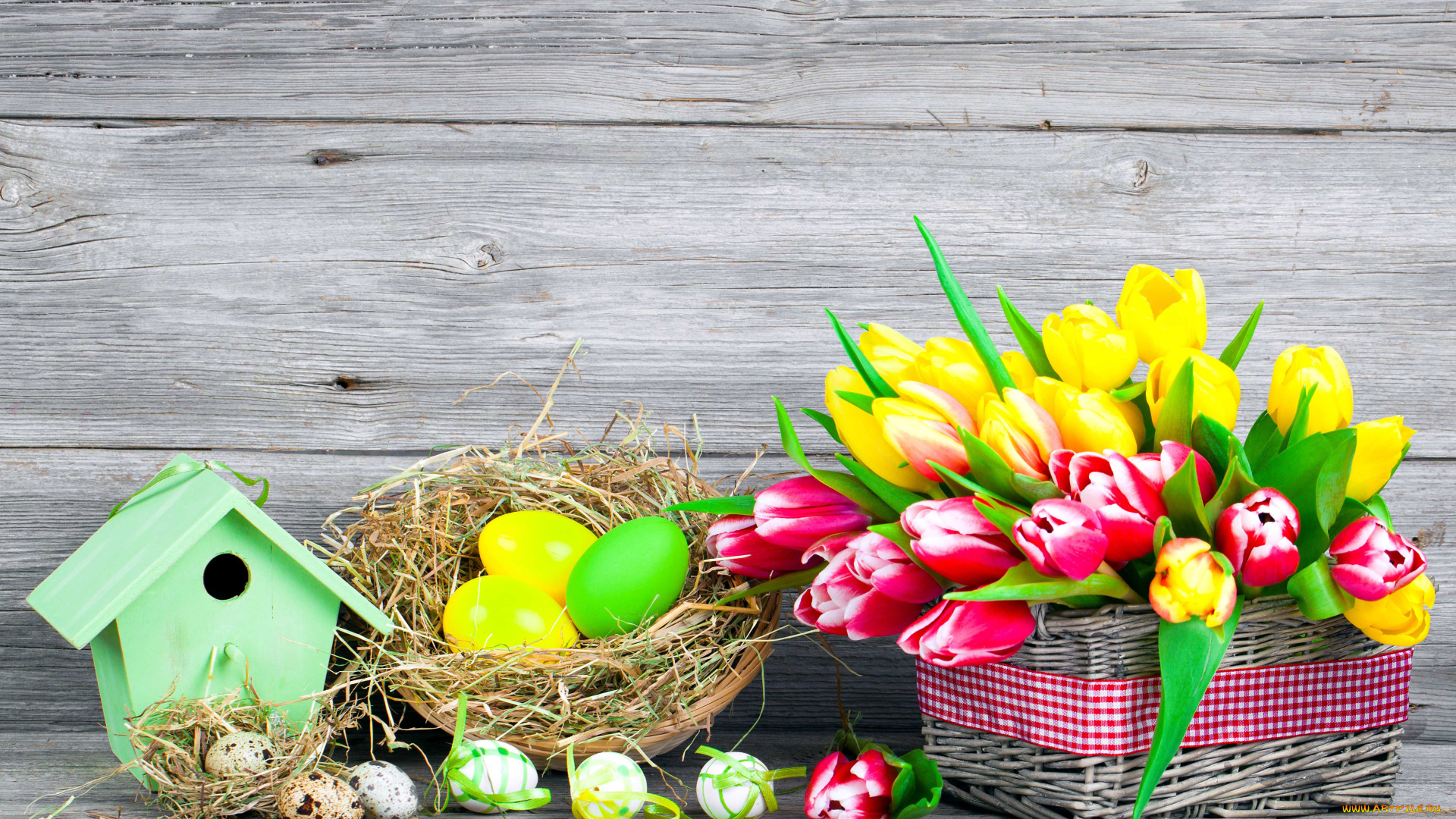 праздничные, пасха, корзинка, тюльпаны, скворечник, гнездо, яйца