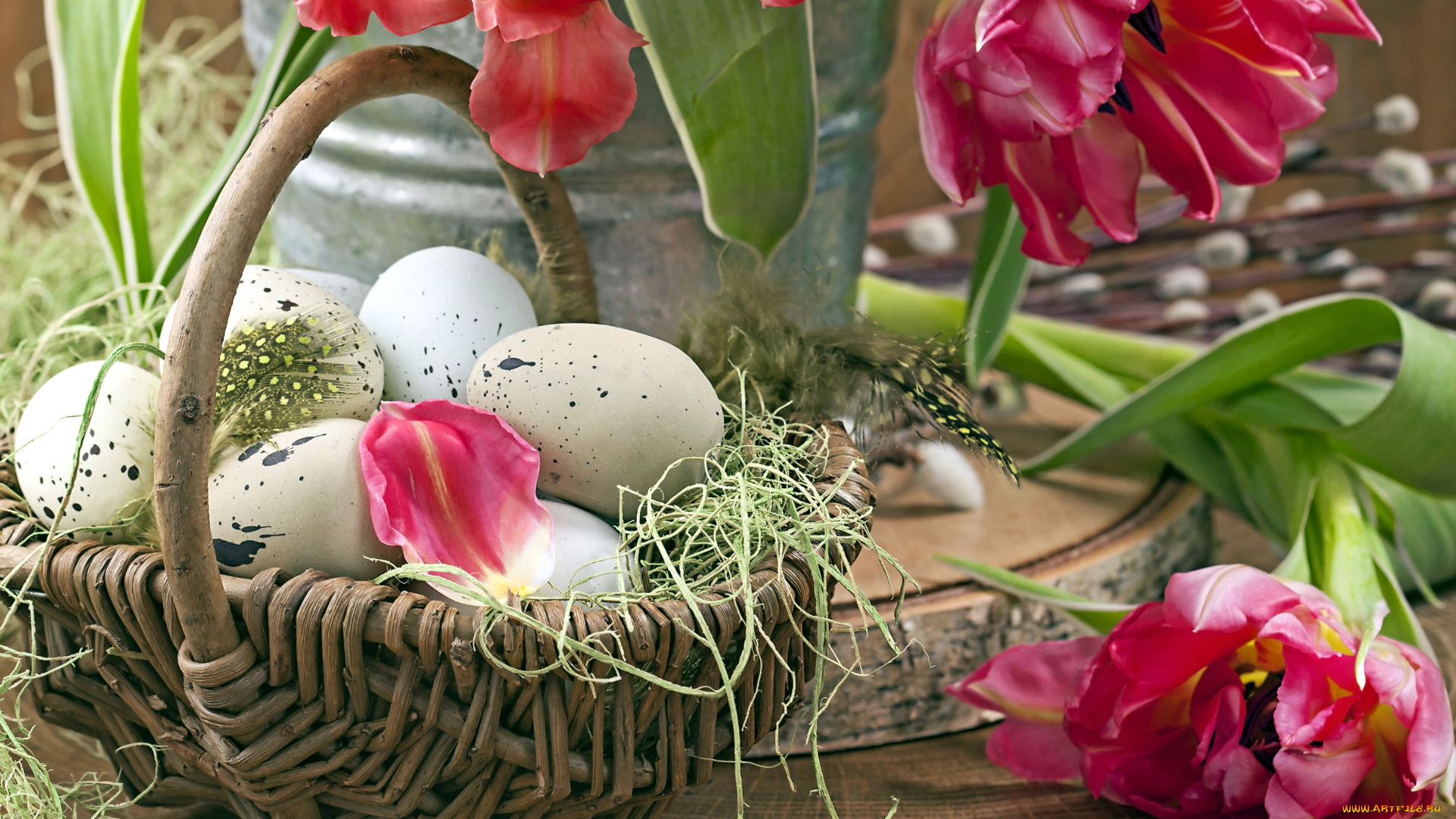 праздничные, пасха, корзинка, яйца, тюльпаны