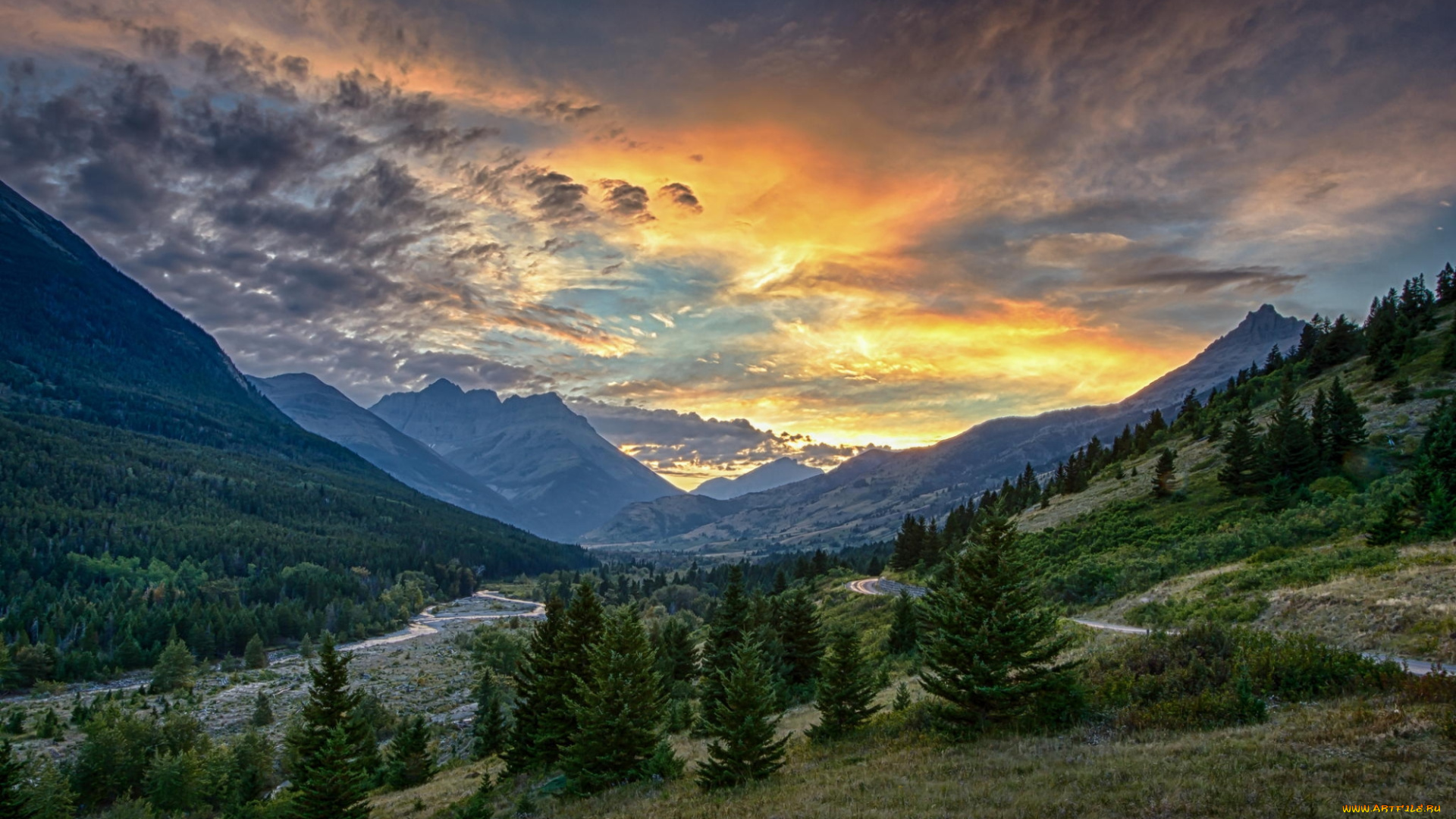 природа, горы, закат, долина, лес