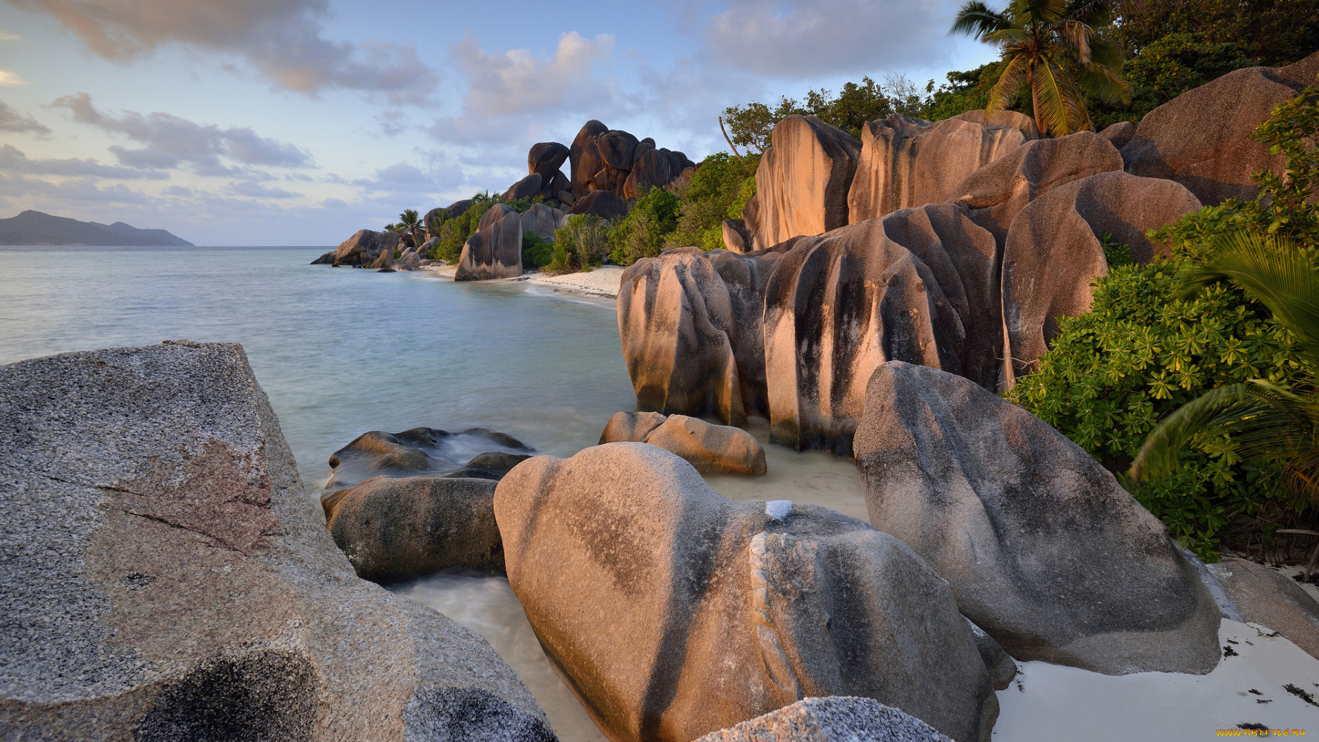 природа, тропики, сейшельский, архипелаг, остров, ла-диг, пляж, скалы, утро, рассвет