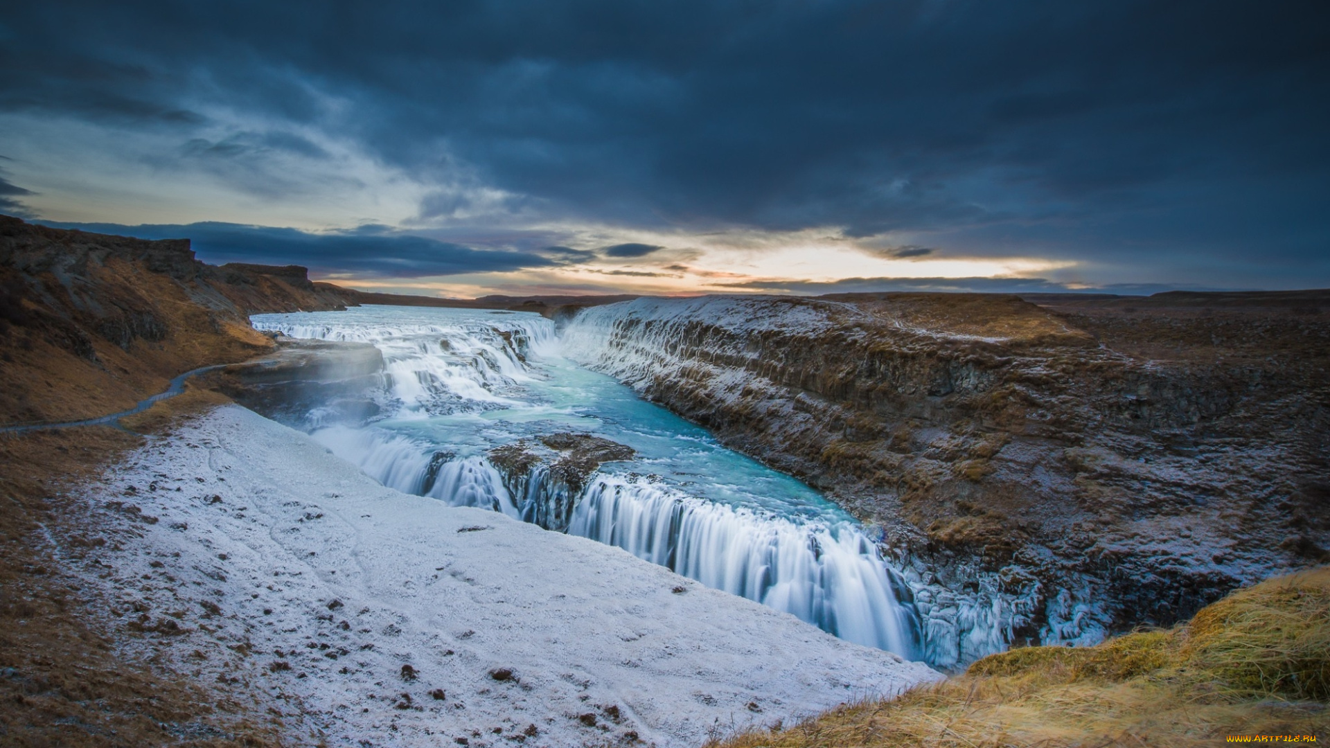 природа, водопады, исландия, река, хвитау, небо, облака, закат, водопад