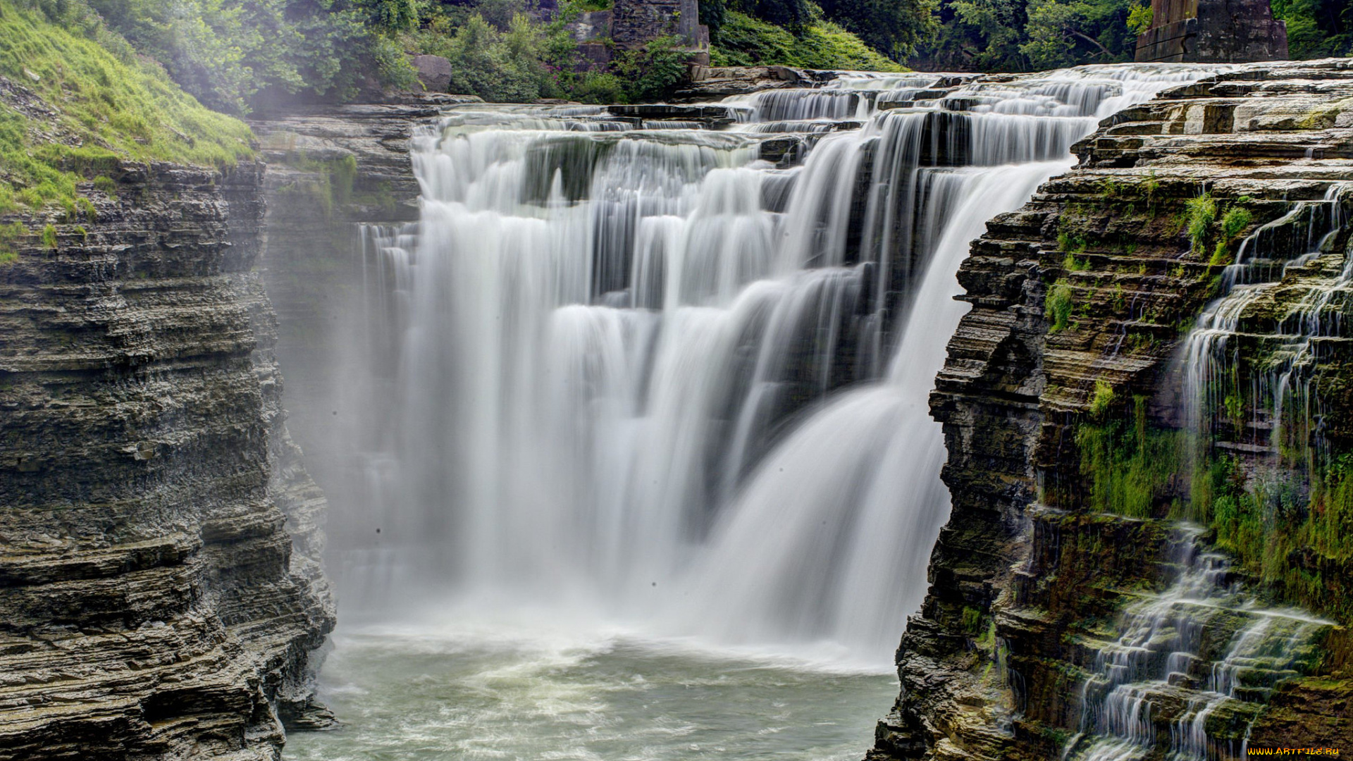 природа, водопады, водопад, обрыв, лес, река